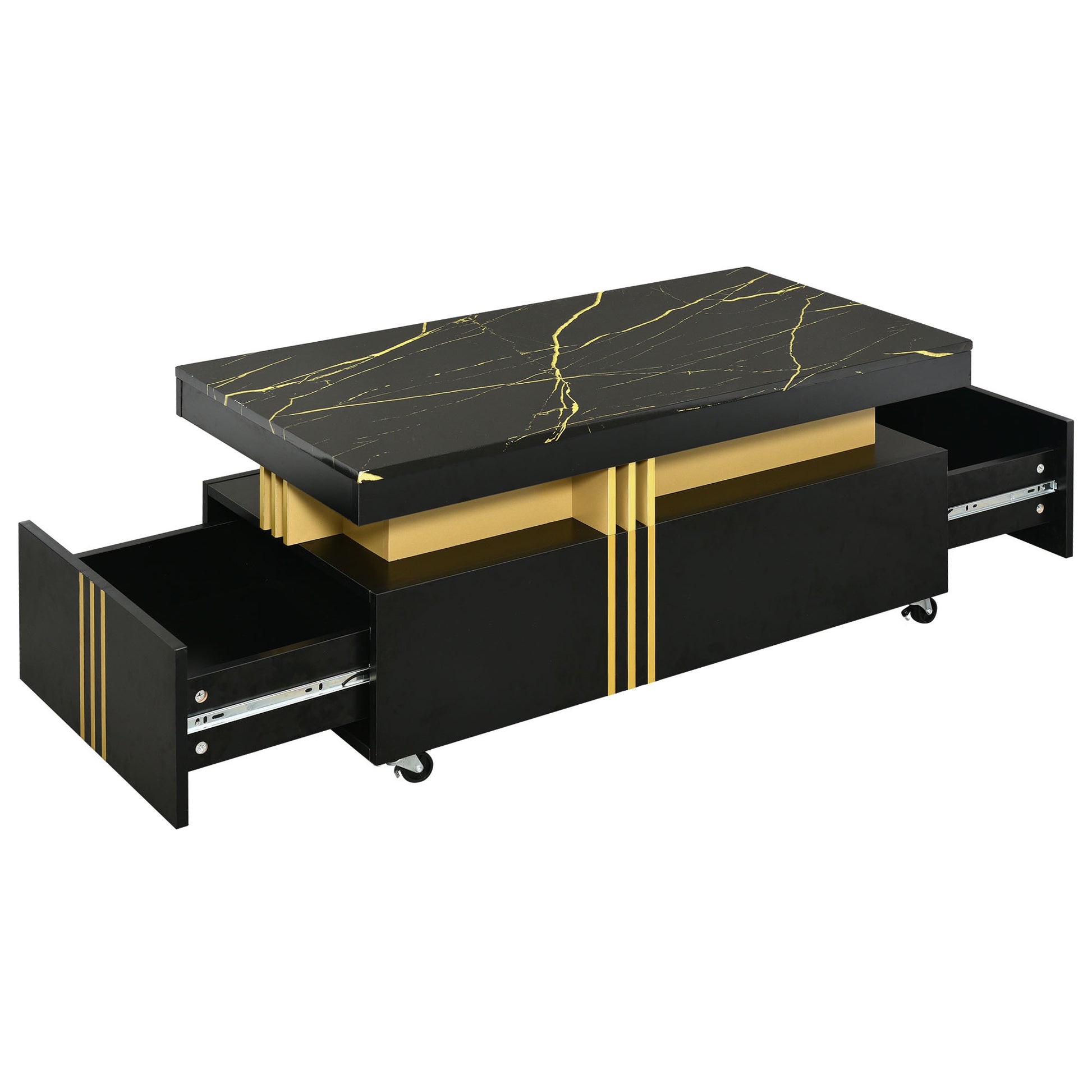 [VIDEO provided] ON-TREND Contemporary Coffee Table with Faux Marble Top, Rectangle Cocktail Table with Caster Wheels, Moderate Luxury Center Table with Gold Metal Bars for Living Room, Black - Abrihome