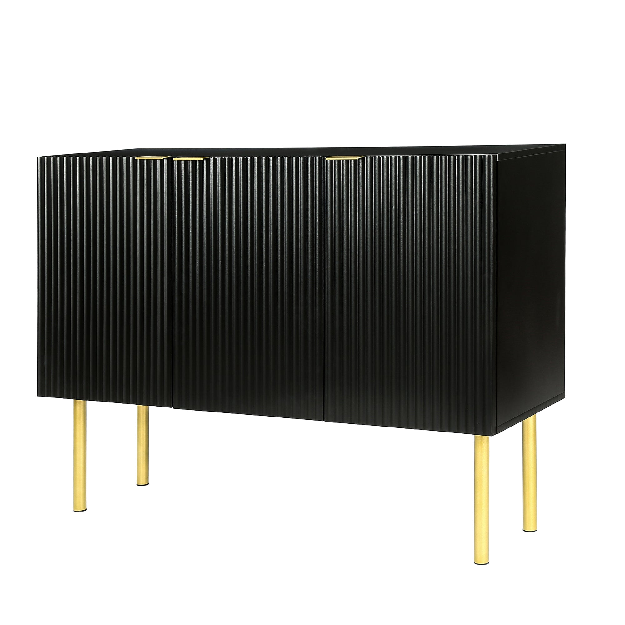 TREXM Modern Simple & Luxury Style Sideboard Particle Board & MDF Board Cabinet with Gold Metal Legs & Handles, Adjustable Shelves for Living Room, Dining Room (Black)