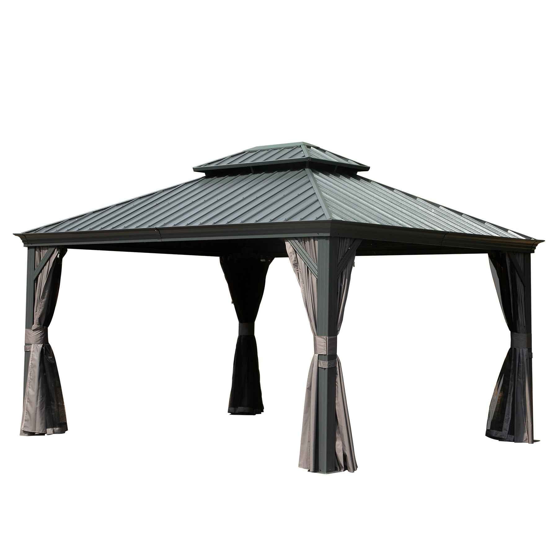 10' X 12' Hardtop Gazebo Outdoor Metal Gazebo with Galvanized Steel Double Roof Canopy, Aluminum Frame, Curtains and Netting for Patio, Deck, Garden, Grey