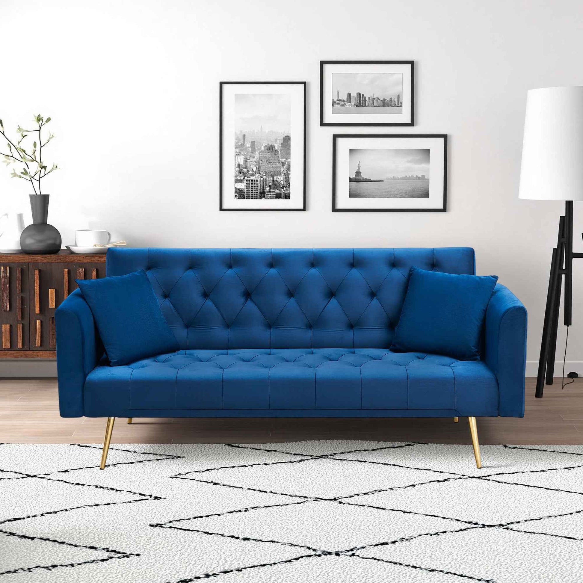 71-inch convertible love seat sofa, American retro blue velvet material, suitable for small living room, bedroom, office