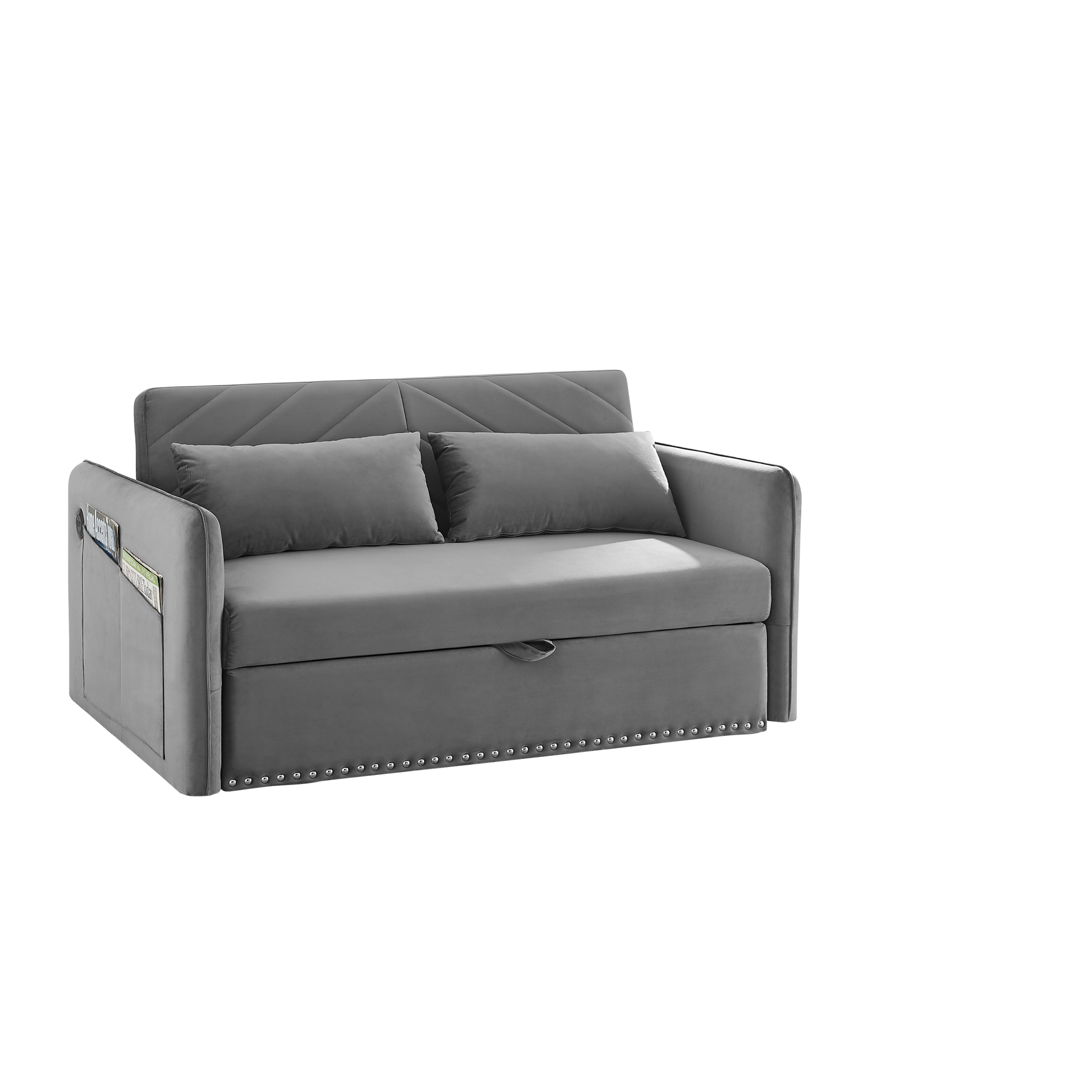 MH' Sleeper Sofa Bed w/USB Port, 3-in-1 adjustable sleeper with pull-out bed, 2 lumbar pillows and side pocket, soft velvet convertible sleeper sofa bed, suitable for living room bedroom - Abrihome