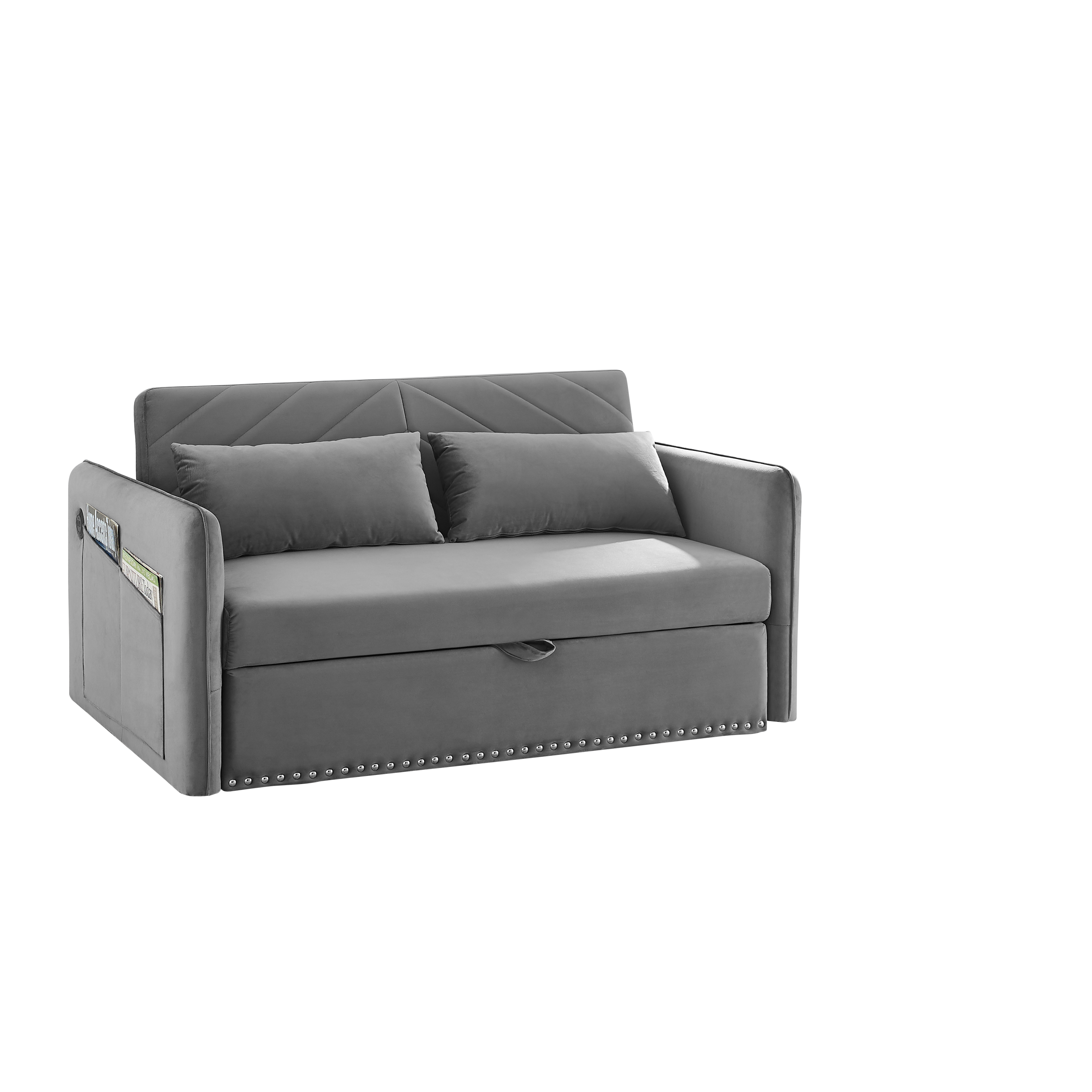 MH' Sleeper Sofa Bed w/USB Port, 3-in-1 adjustable sleeper with pull-out bed, 2 lumbar pillows and side pocket, soft velvet convertible sleeper sofa bed, suitable for living room bedroom - Abrihome