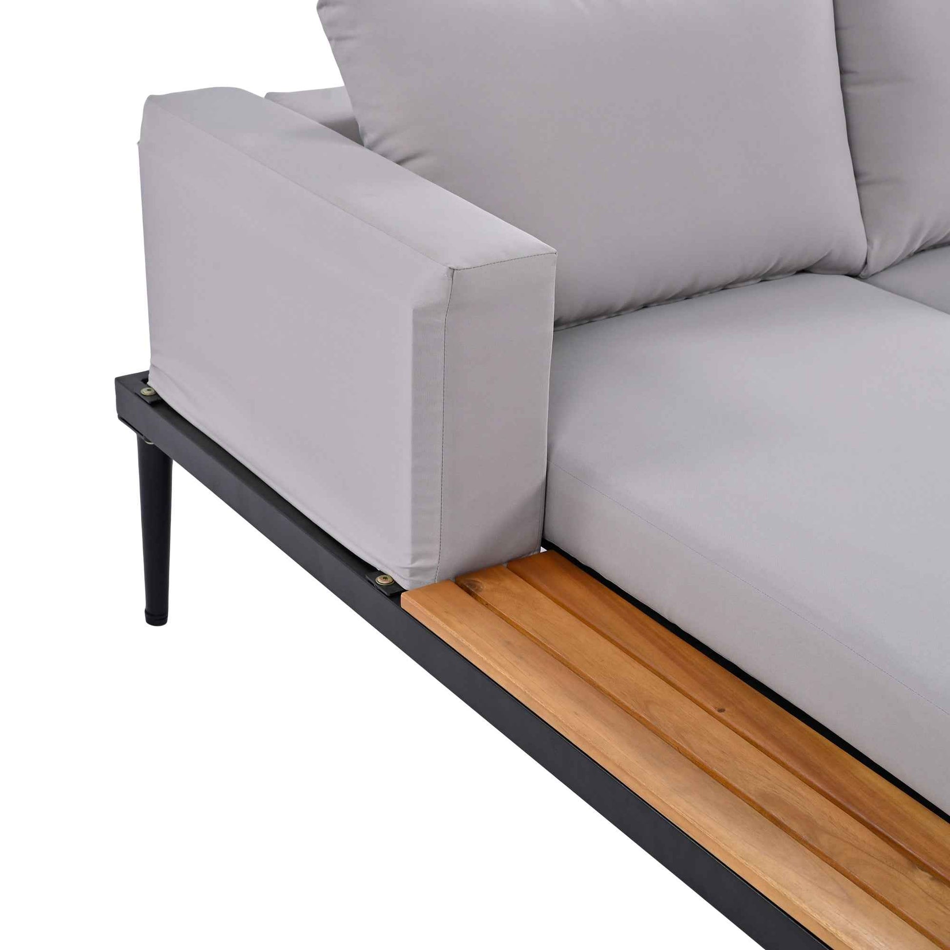 TOPMAX Modern Outdoor Daybed Patio Metal Daybed with Wood Topped Side Spaces for Drinks, 2 in 1 Padded Chaise Lounges for Poolside, Balcony, Deck, Gray