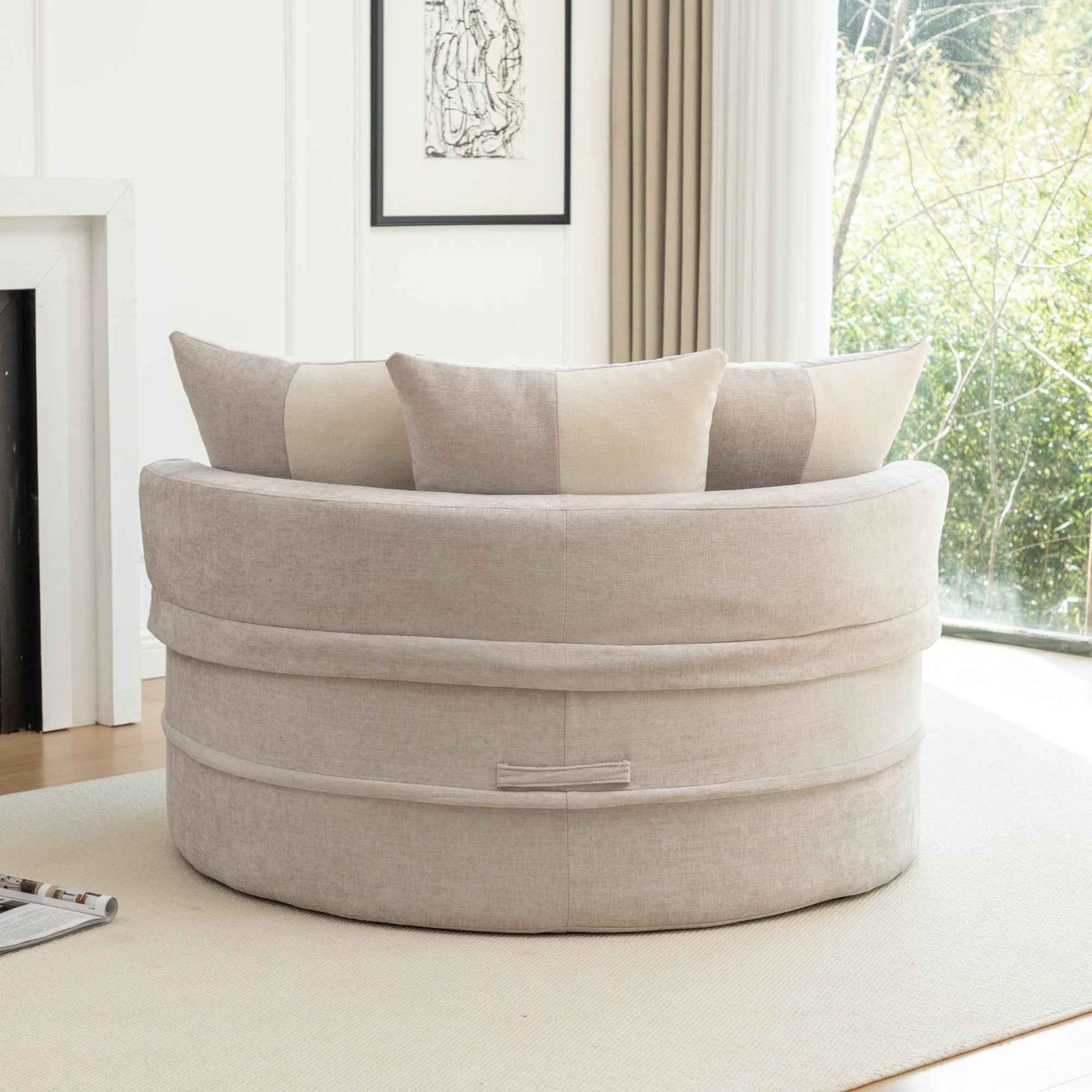 Modern Oversized  Gray Round Barrel Accent Chair with Ottoman – Velvet Upholstered Lounge Armchair with 5 Pillows for Living Room or Bedroom