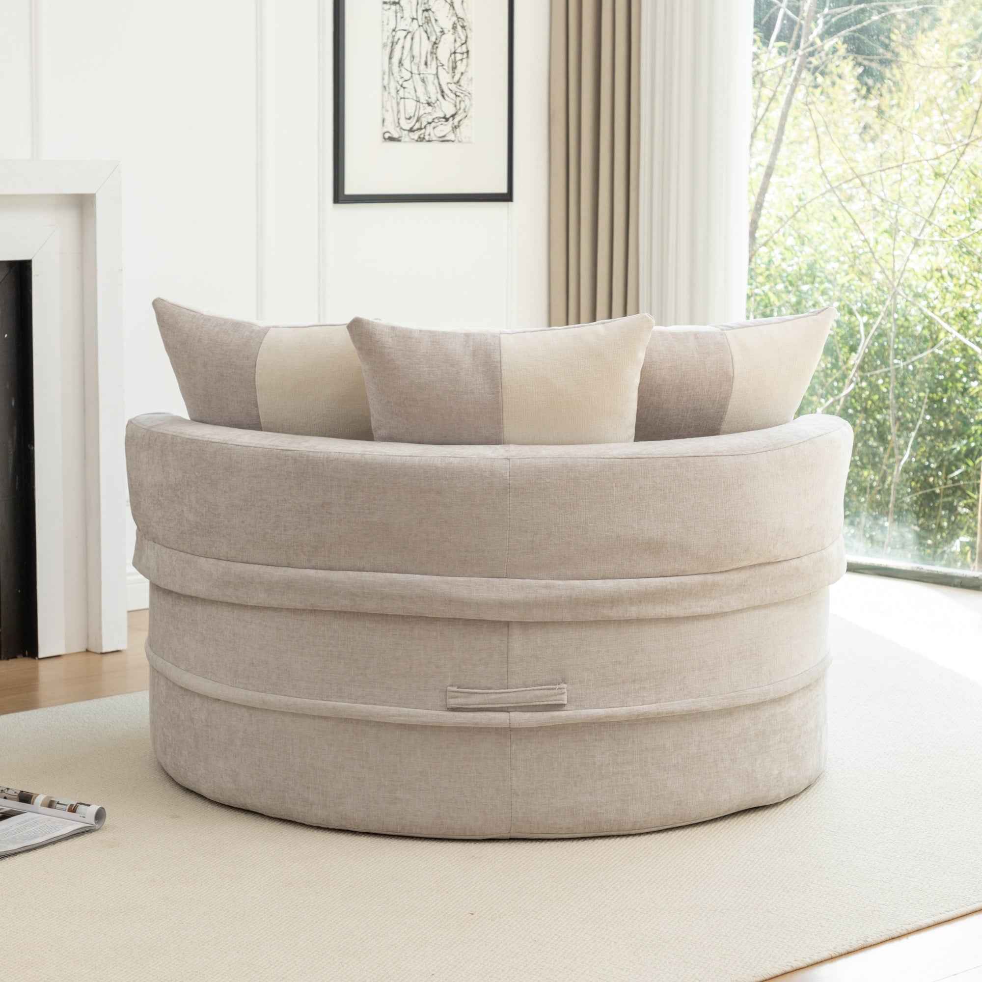 Modern Oversized  Gray Round Barrel Accent Chair with Ottoman – Velvet Upholstered Lounge Armchair with 5 Pillows for Living Room or Bedroom