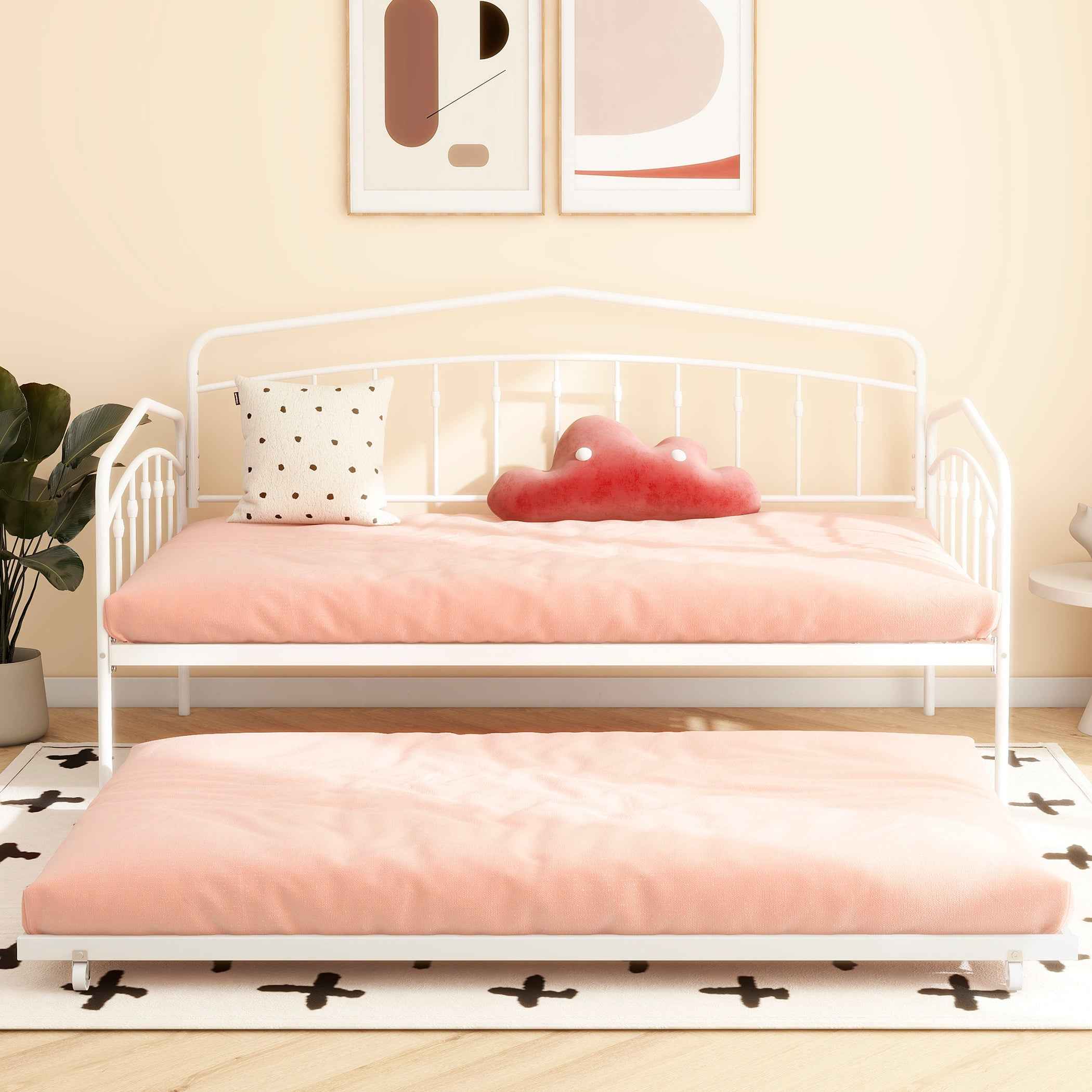 Fox Twin Metal Daybed with Trundle Bed Frame Set, Easy Assembly, Space Saving, Heavy Duty Metal Slat Support, Sofa Bed for Living Room, Bedroom, Guest Room, Kids Room, White