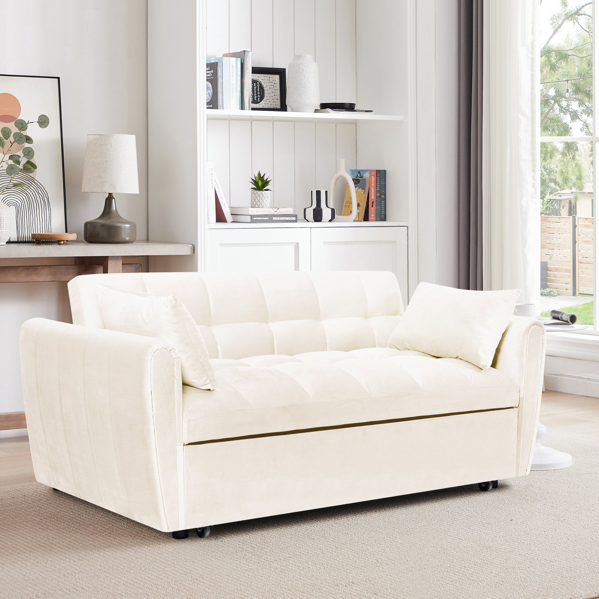 65'3-in-1 foldable large size sofa bed, modern velvet double sofa, sofa bed with adjustable back, storage bag and pillow, suitable for living room, bedroom (beige) - Abrihome