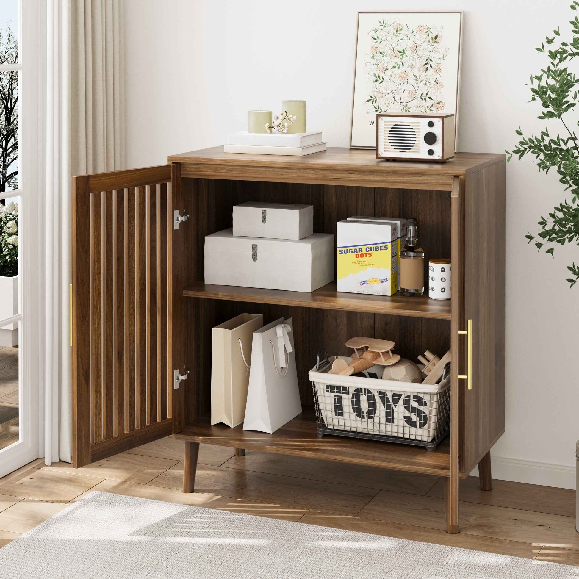 Farmhouse Walnut Sideboard Buffet Cabinet With Louvered Doors, Wood Coffee Bar Storage For Kitchen & Living Room, 31.5' W