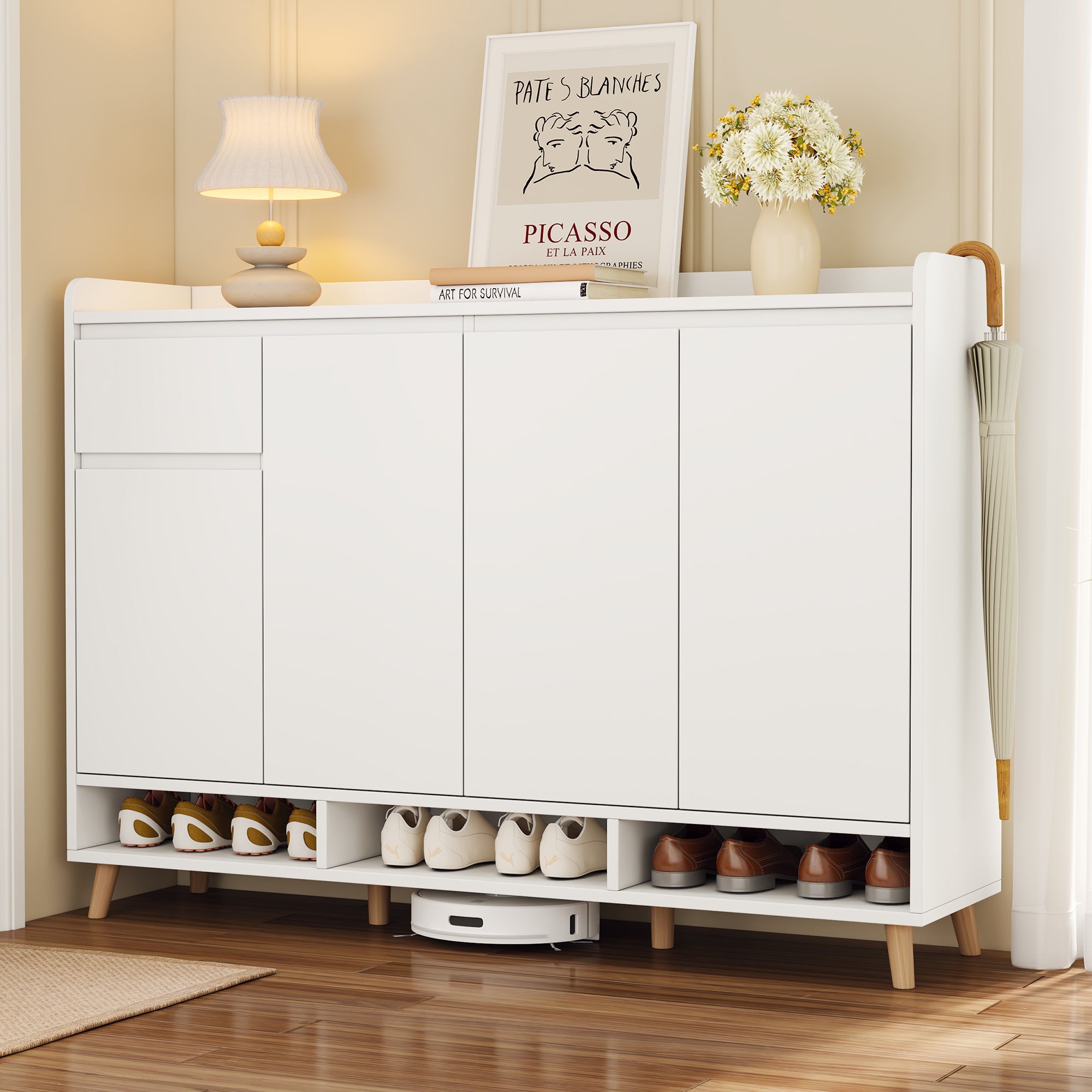ON-TREND Sleek and Contemporary Shoe Cabinet with Adjustable Shelves, Minimalist Home Organizer with Solid Wood Legs, Storage Sideboard for Entryway, Living Room, White - Abrihome