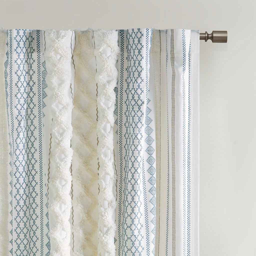 Cotton Printed Curtain Panel with Chenille Stripe and Lining White/Navy 50x84'