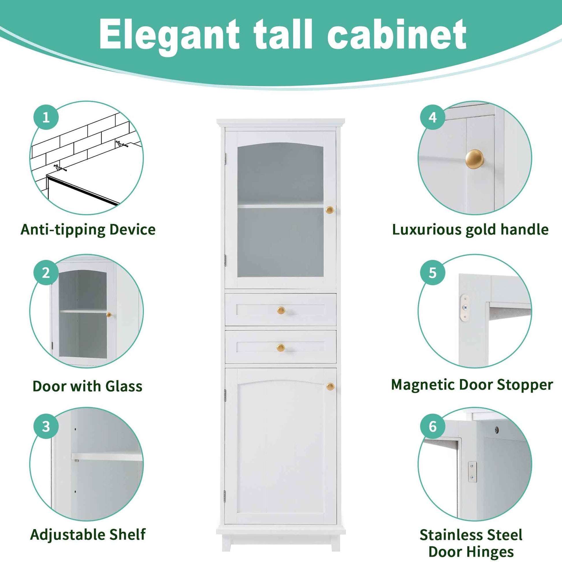 Modern Tall Bathroom Storage Cabinet with Glass Doors, Two Drawers, Adjustable Shelves, Made of MDF with White Painted Finish, 17.76'W x 14.21'D x 62.99'H