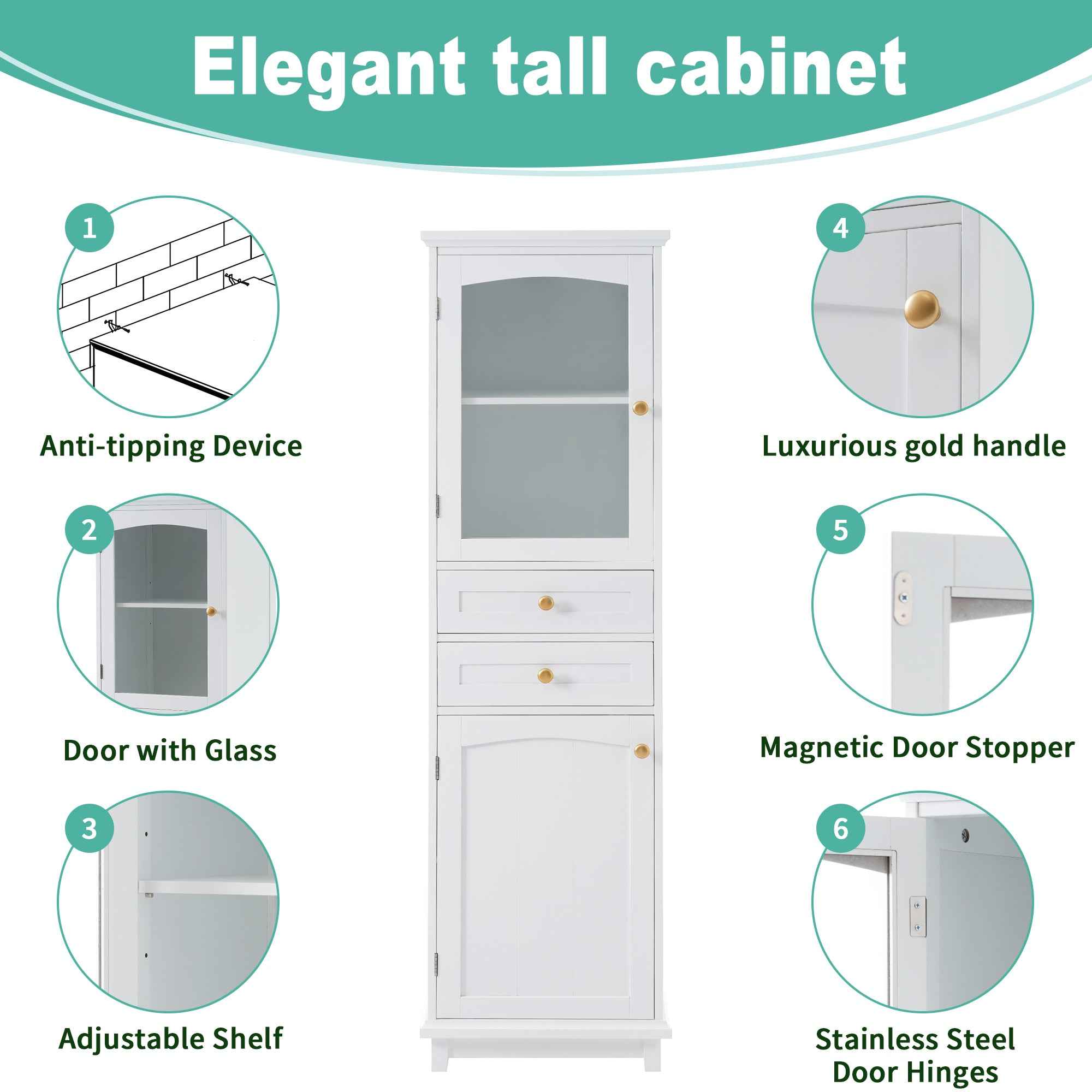 Modern Tall Bathroom Storage Cabinet with Glass Doors, Two Drawers, Adjustable Shelves, Made of MDF with White Painted Finish, 17.76'W x 14.21'D x 62.99'H