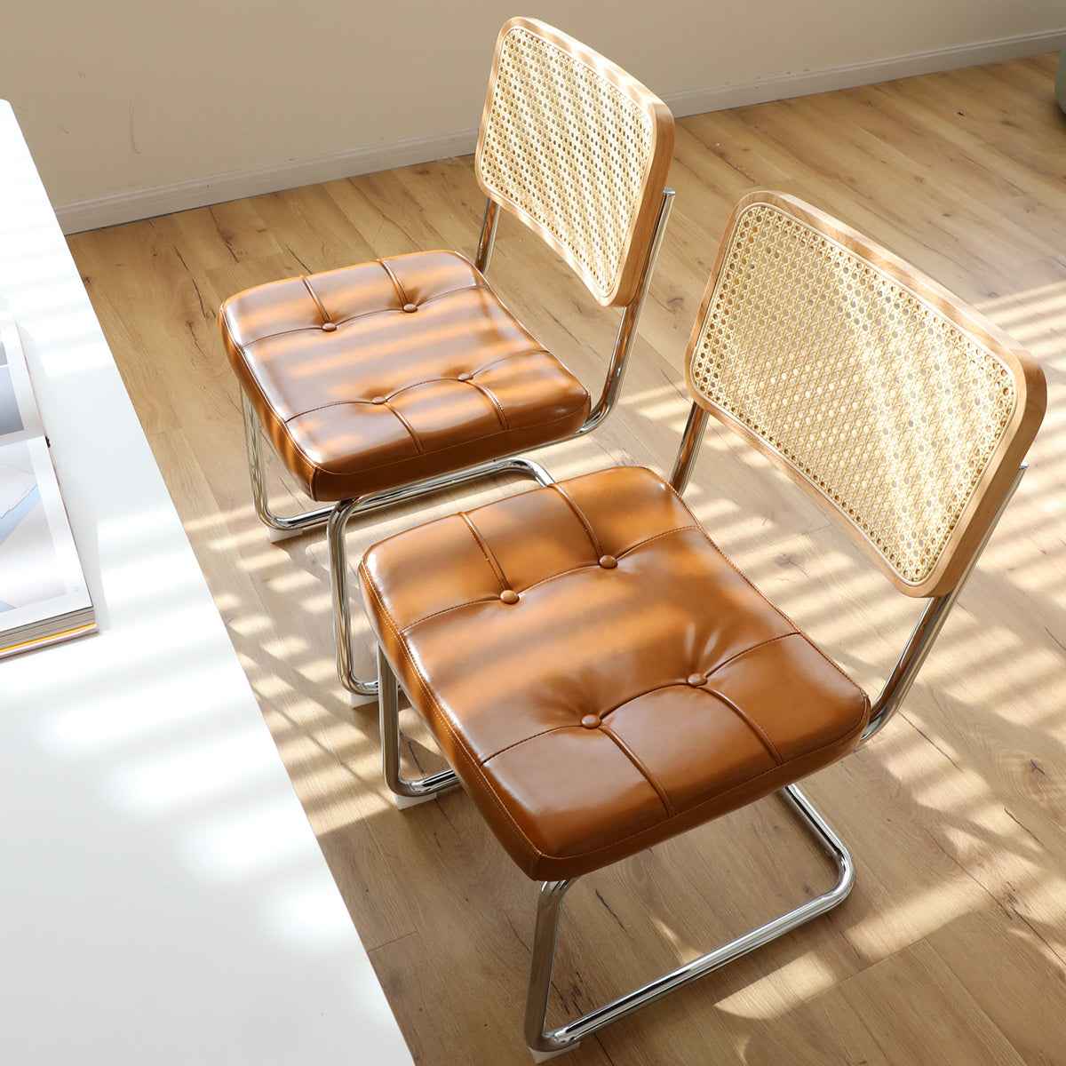 Dining Chairs Set of 2, Faux Leather Rattan Side Accent Chairs with Chrome Legs, Modern Mid Century Breuer Designed Chairs, Upholstered Dining Living Room Kitchen Chairs (Brown-2pcs)