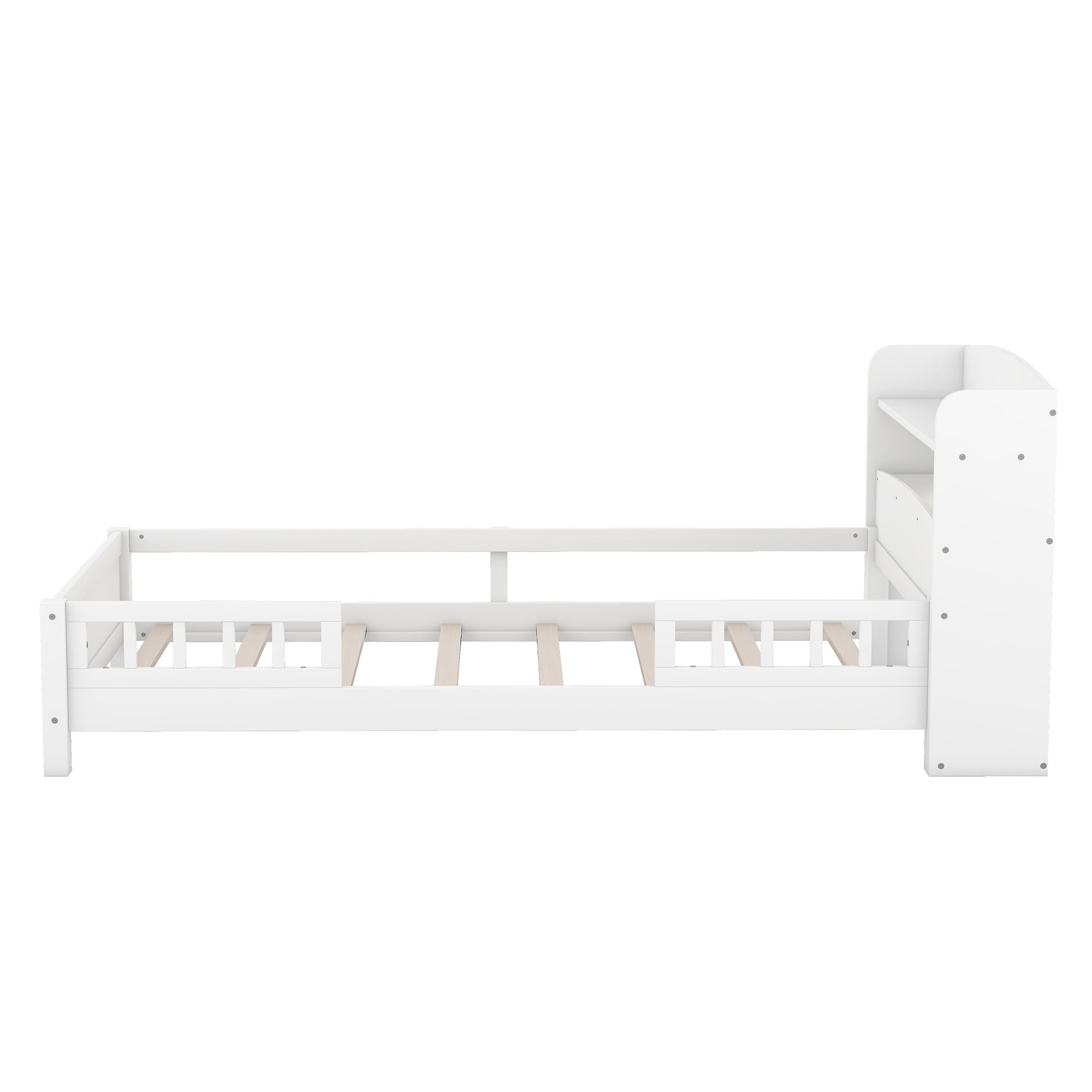 Wood Twin Size Platform Bed with Built-in LED Light, Storage Headboard and Guardrail, White - Abrihome