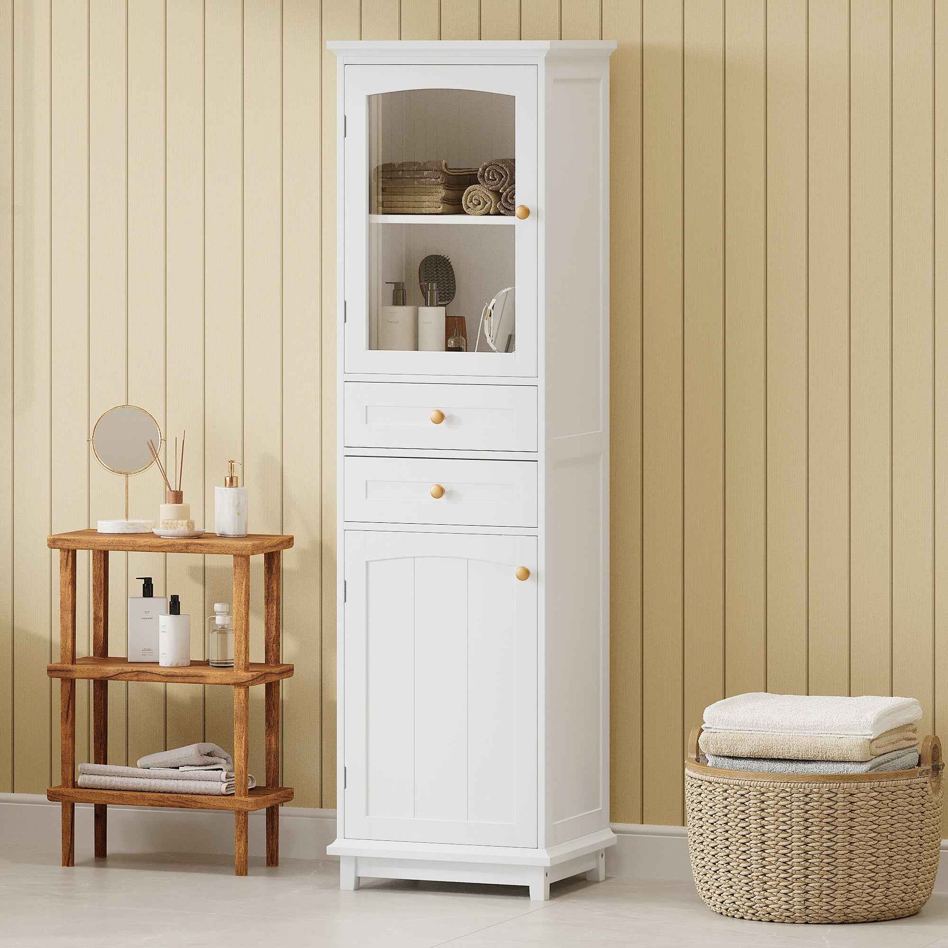 Modern Tall Bathroom Storage Cabinet with Glass Doors, Two Drawers, Adjustable Shelves, Made of MDF with White Painted Finish, 17.76'W x 14.21'D x 62.99'H