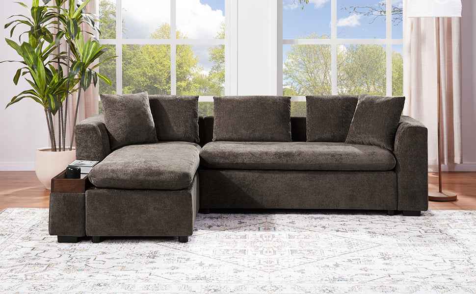 Elegant L-Shaped Sectional Sofa with Chenille Upholstery and Wooden Storage Compartment, Brown
