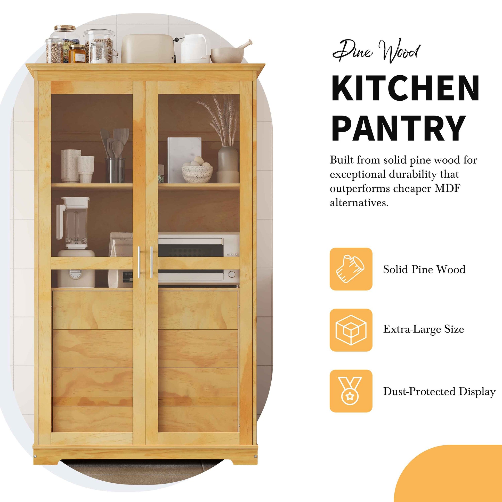 TOPMAX 44.7x20x75inch Kitchen Pantry, Freestanding Kitchen Storage Cabinet Display Cabinet with Glass Doors and 4 Built-in Drawers for Living Room, Home Office, Natural