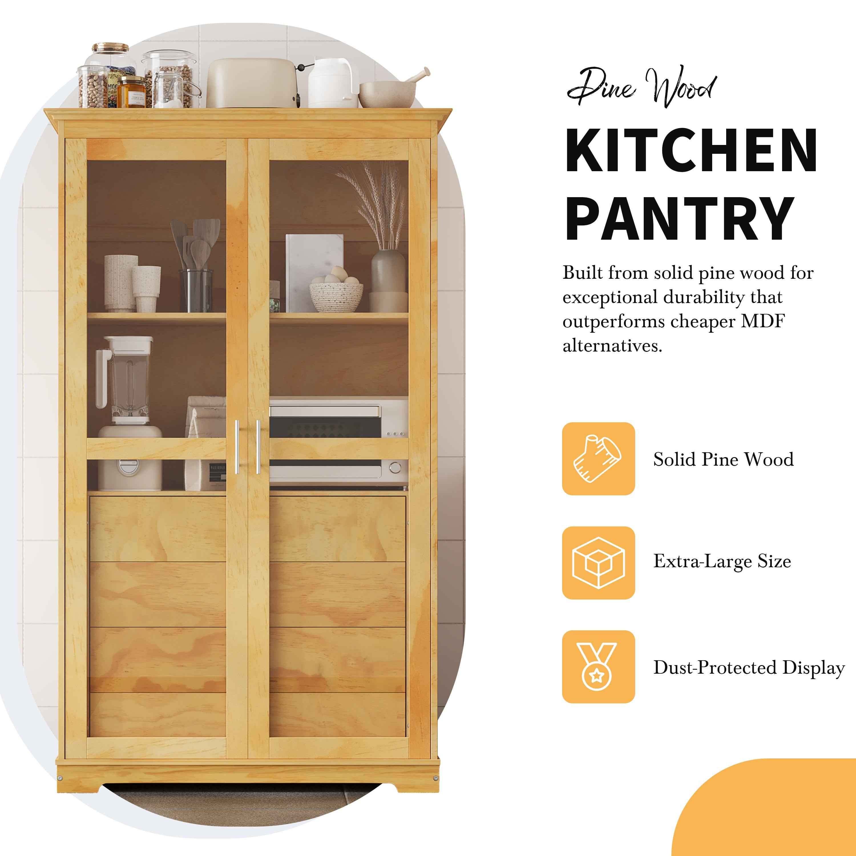 TOPMAX 44.7x20x75inch Kitchen Pantry, Freestanding Kitchen Storage Cabinet Display Cabinet with Glass Doors and 4 Built-in Drawers for Living Room, Home Office, Natural