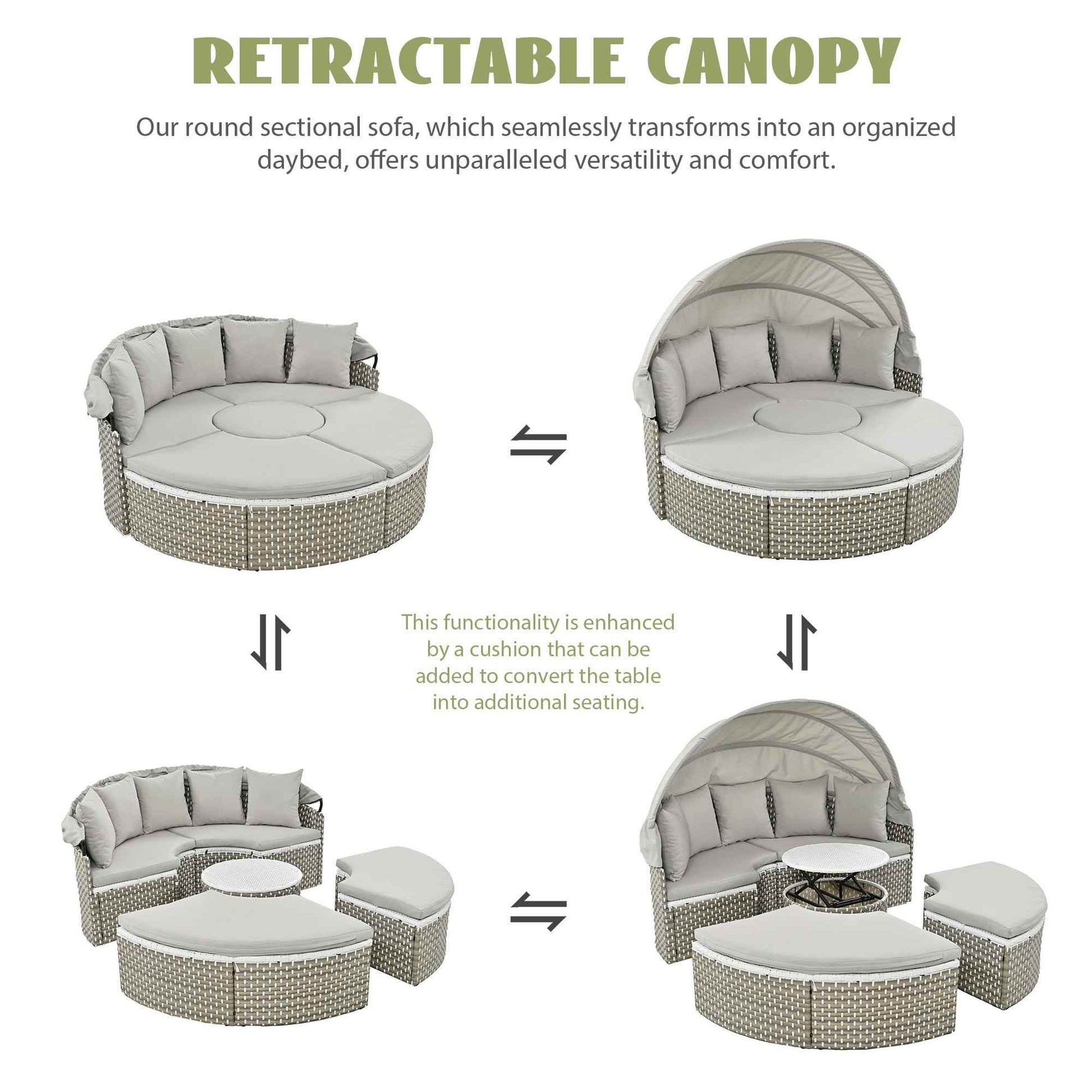 TOPMAX Patio Furniture Round Outdoor Sectional Sofa Set Rattan Daybed Two-Tone Weave Sunbed with Retractable Canopy, Separate Seating and Removable Cushion, Gray