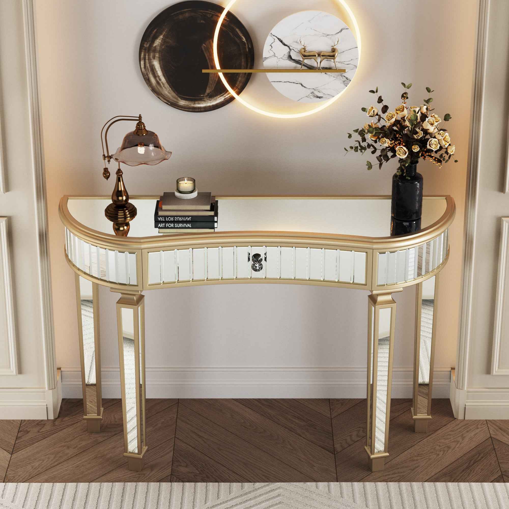 47' Half-Moon Mirrored Console Table with Fluted Glass & Crystal Knob Drawer - Silver Entryway Vanity Desk for Bedroom/Dressing Room(Gold+Sliver)