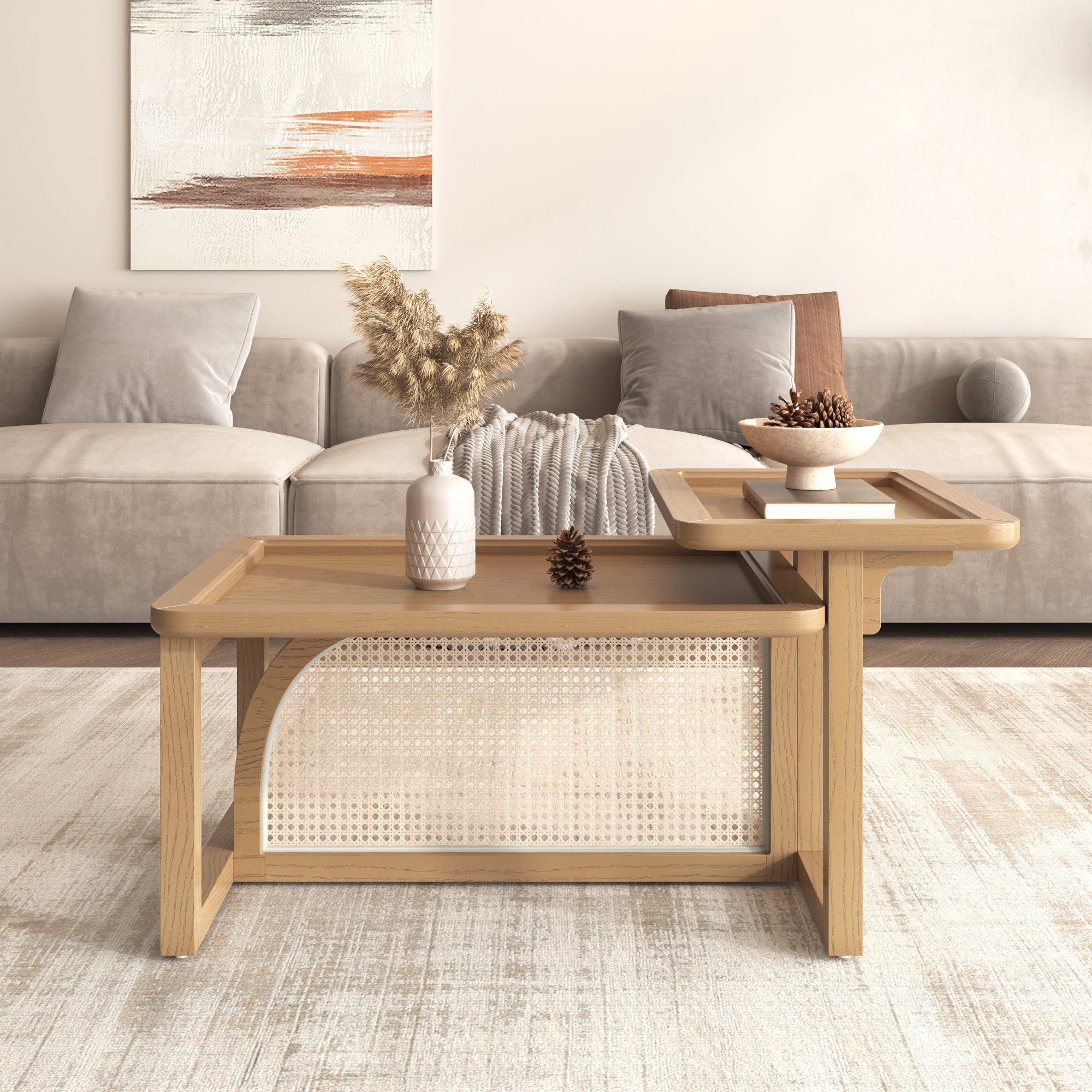 Modern 2 Piece Nesting Rattan Wood+ MDF Coffee Table Set in Natural - Abrihome