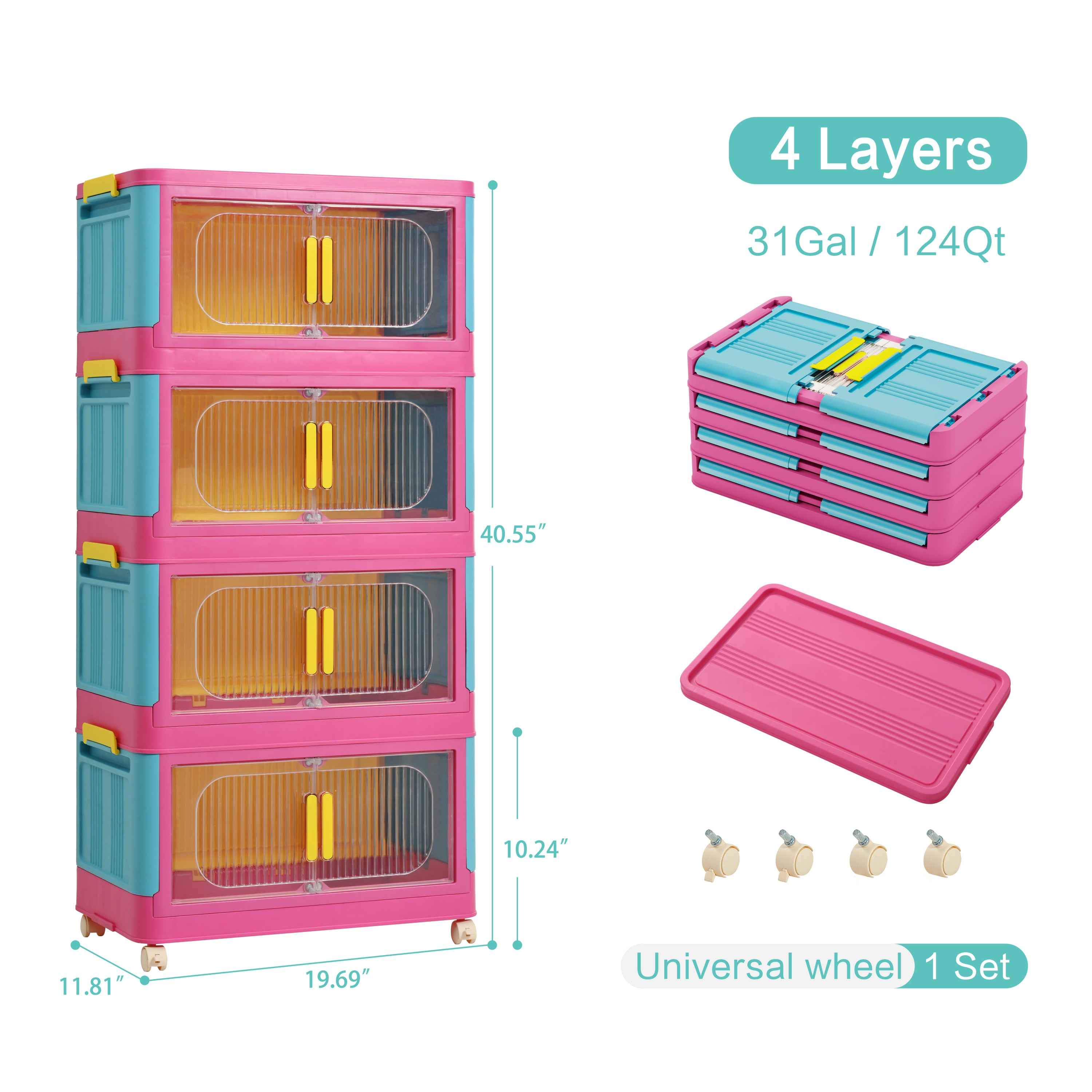 Happy Color, 20' Side Wide Folding Storage Cabinet ,4 Tiers,19.69'×11.81'×40.55',Collapsible Storage Bins with Magnetic Door, Plastic Storage Cabinet with Wheels