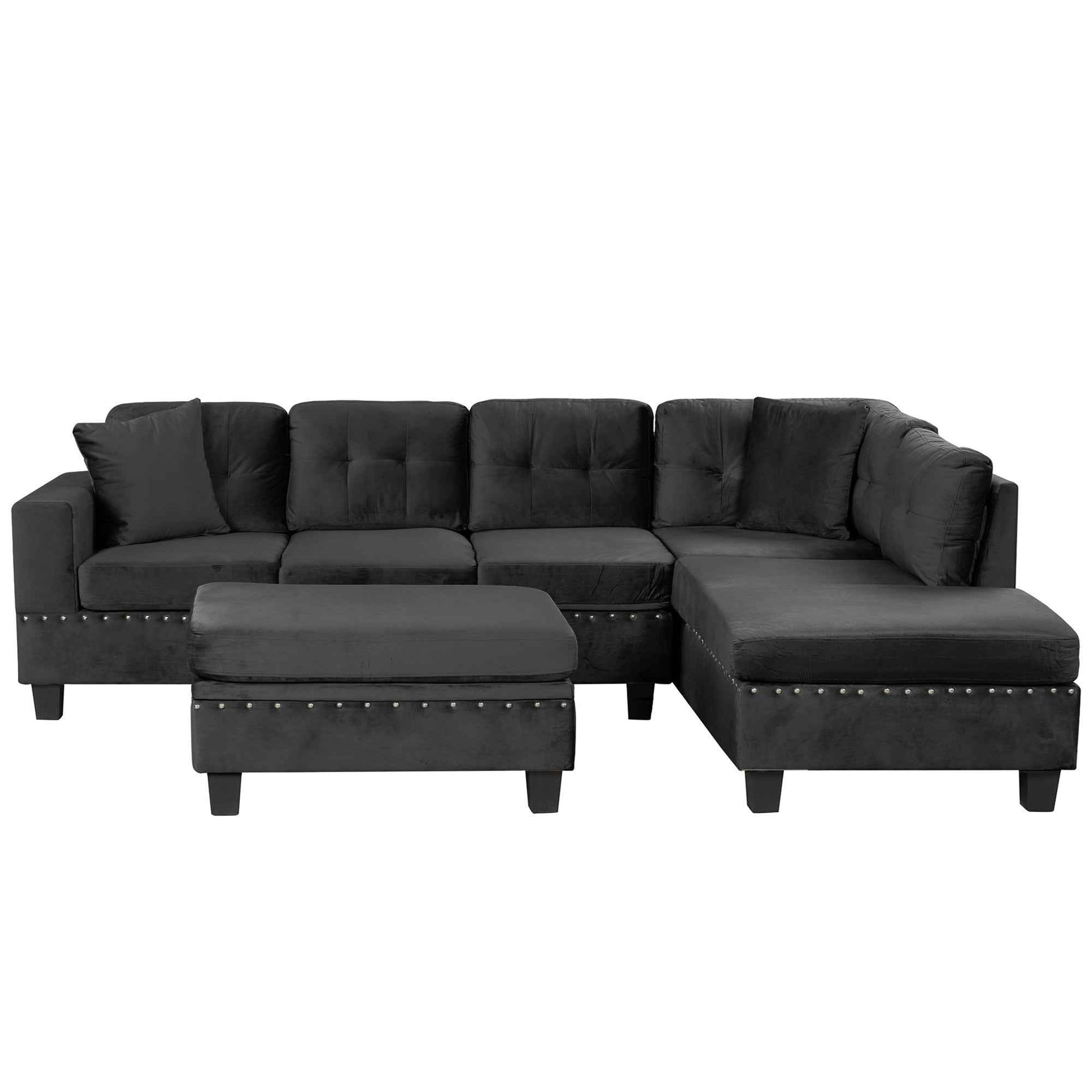 Modern Sectional Sofa with Storage Ottoman, L-Shape Couch with 2 Pillows and Cup Holders, Black Velvet, 105'
