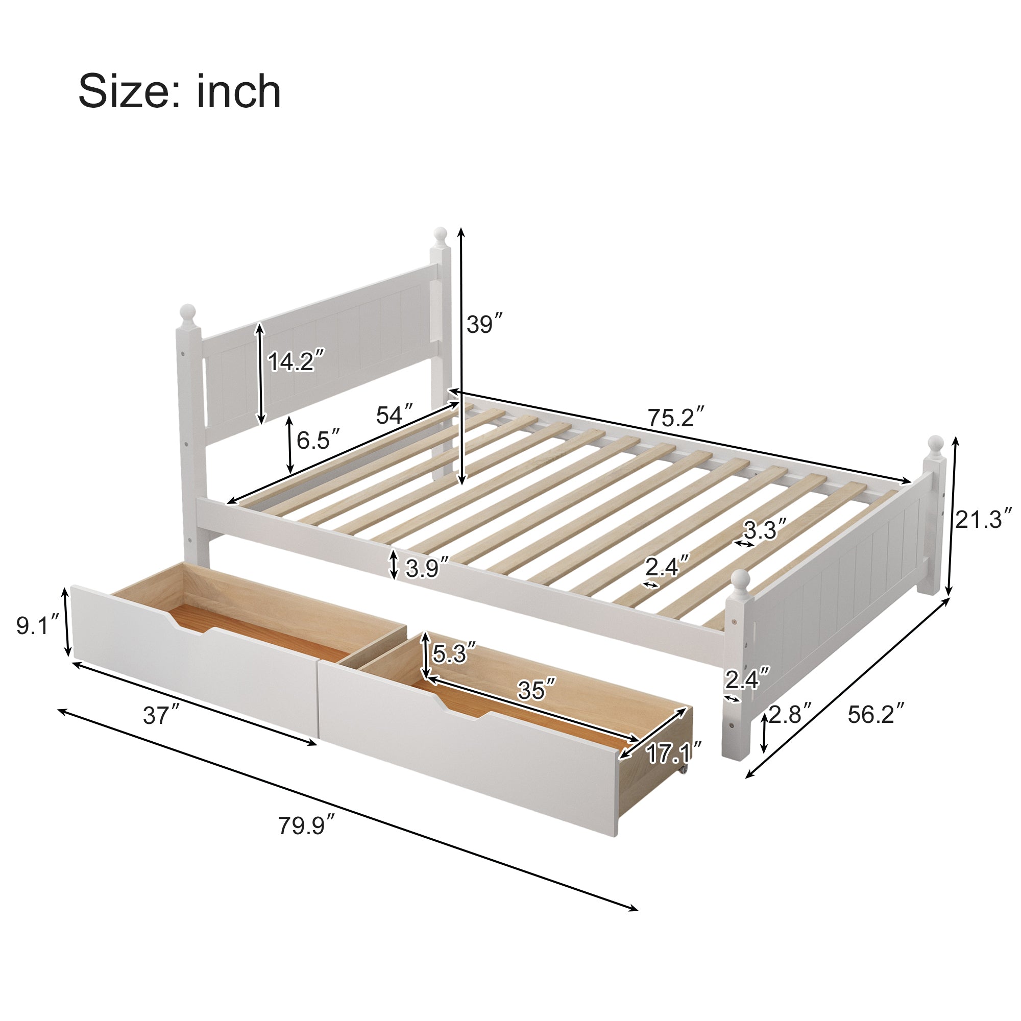 Full Size Solid Wood Platform Bed Frame with 2 drawers for Limited Space Kids, Teens, Adults, No Need Box Spring, White