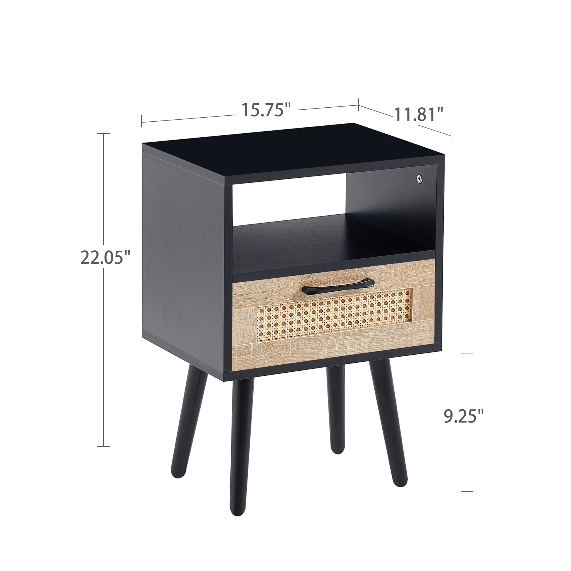 15.75" Rattan End table with  drawer and solid wood legs, Modern nightstand, side table for living room, bedroom, black