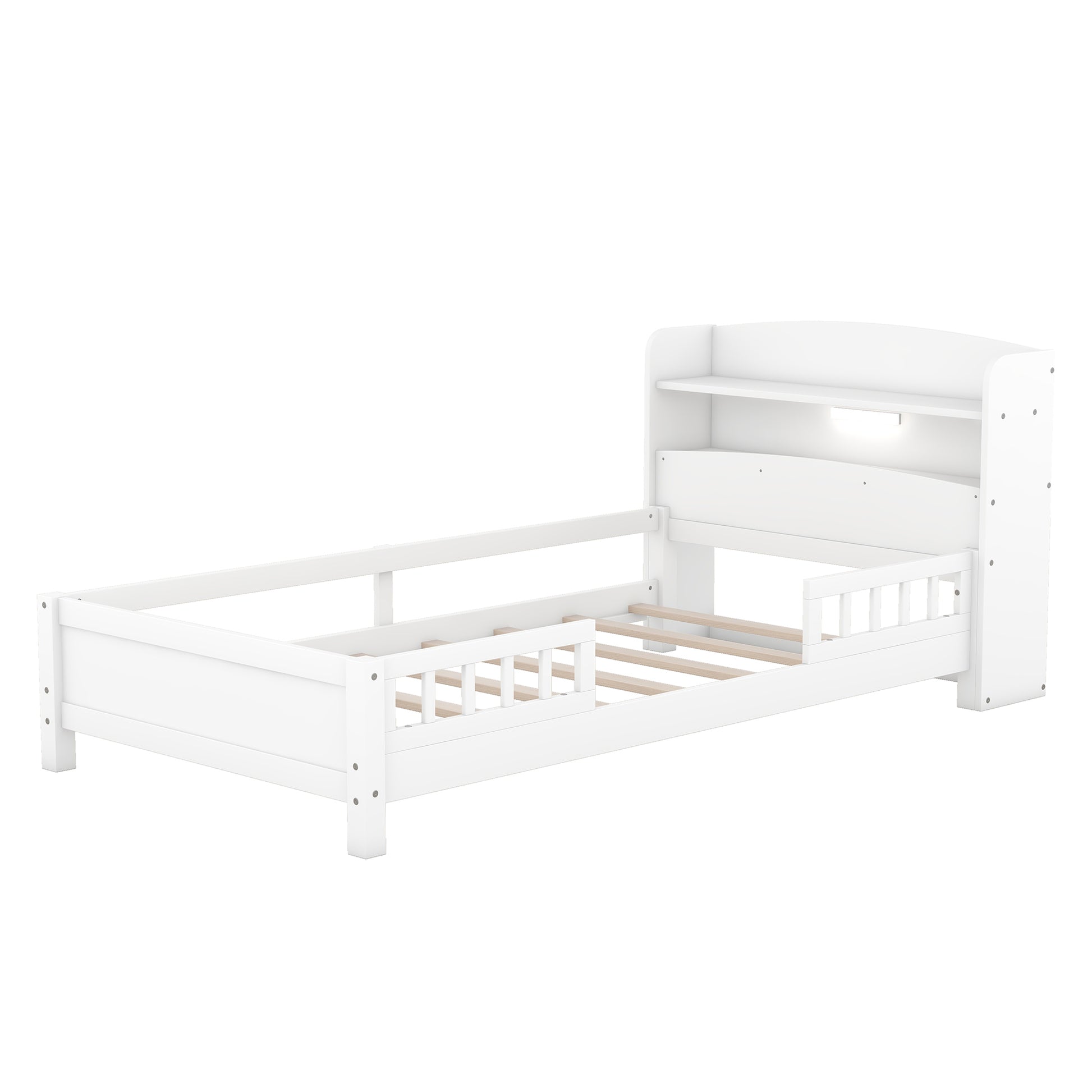 Wood Twin Size Platform Bed with Built-in LED Light, Storage Headboard and Guardrail, White - Abrihome
