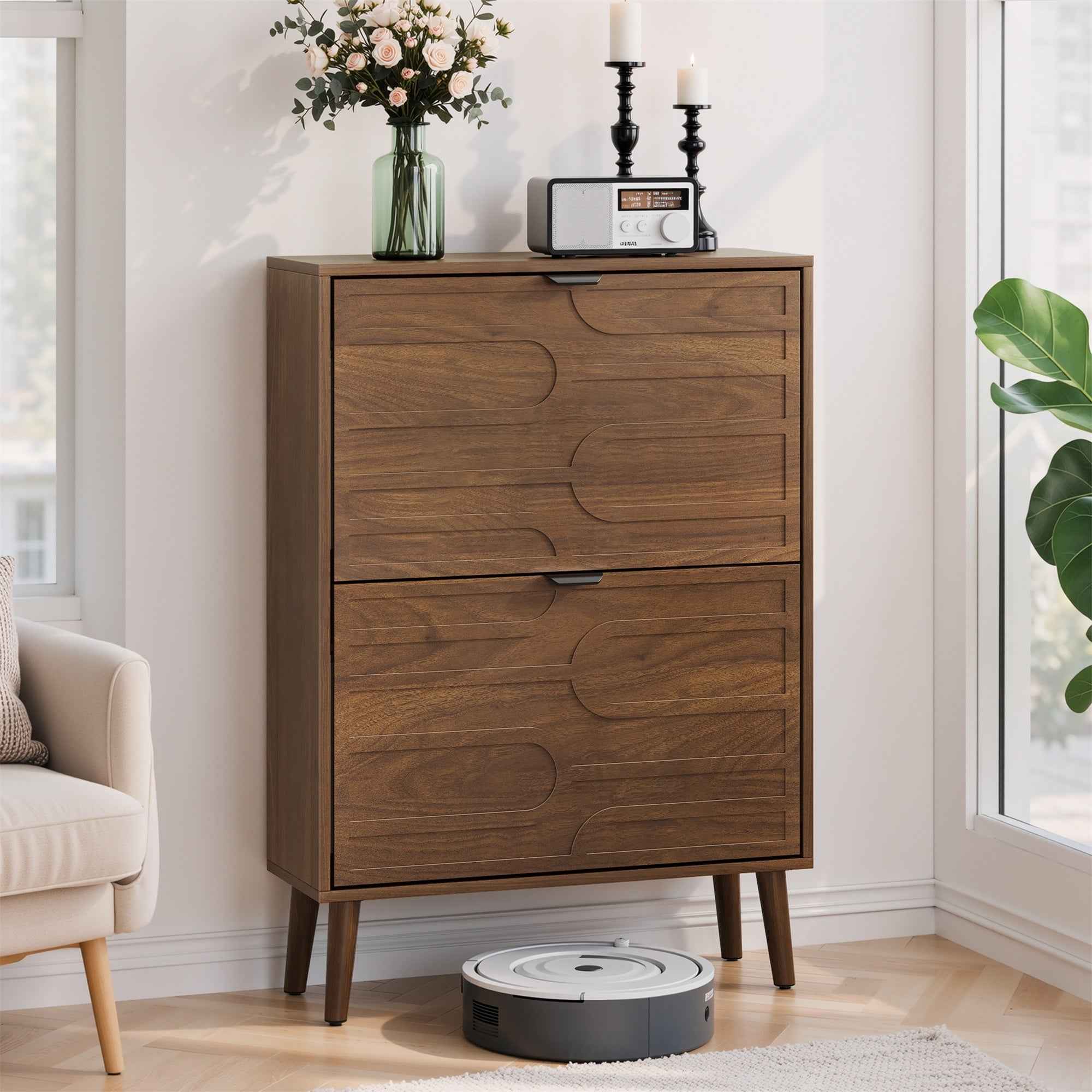 Medieval Modern Independent Shoe Cabinet, 23.62-inch Walnut Storage Unit with 2 Flip Drawers, MDF and Particle Board Construction
