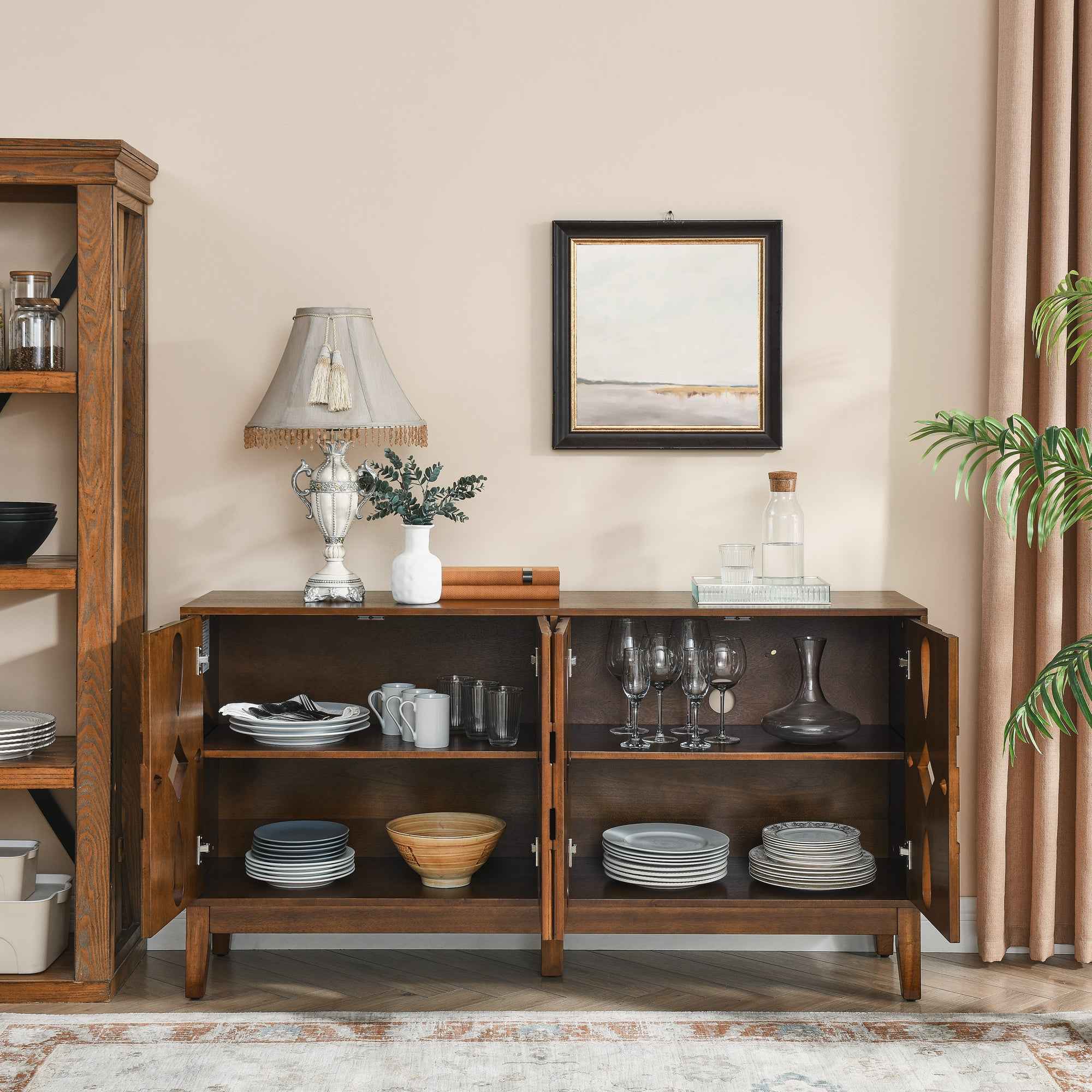 60.5' Mid Century Modern Sideboard Buffet Cabinet with Storage, TV Media Console Table, Storage Cabinet with 4 Doors & Adjustable Shelves for Kitchen Dining Living Room Entryway, Walnut