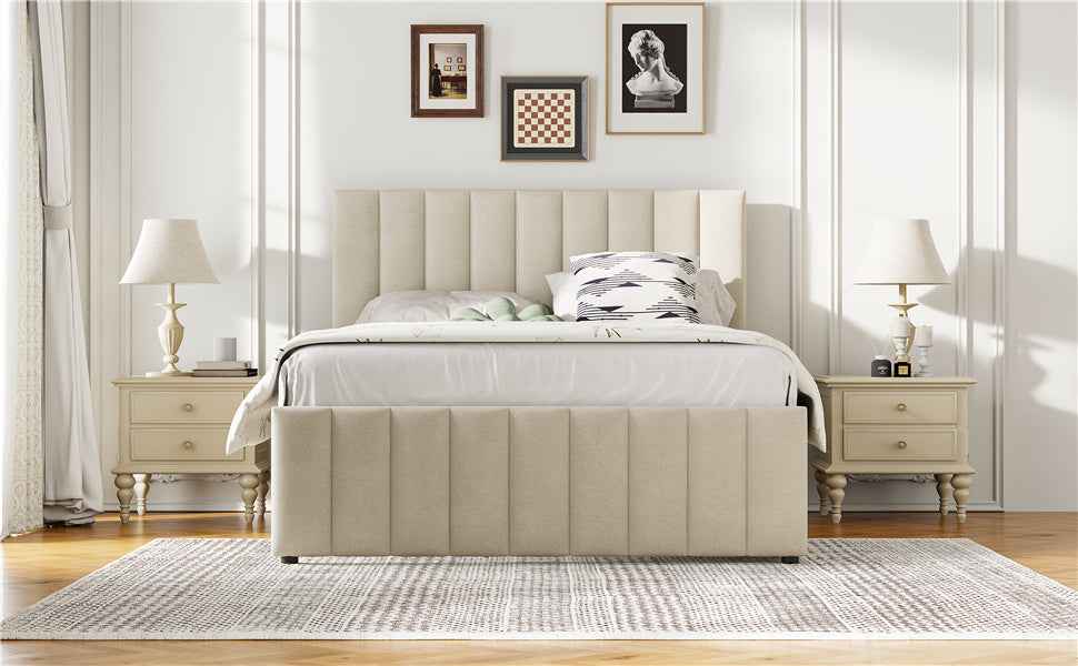 Full Size Upholstered Platform Bed with Twin Size Trundle and 3 Drawers, Linen Fabric, Beige