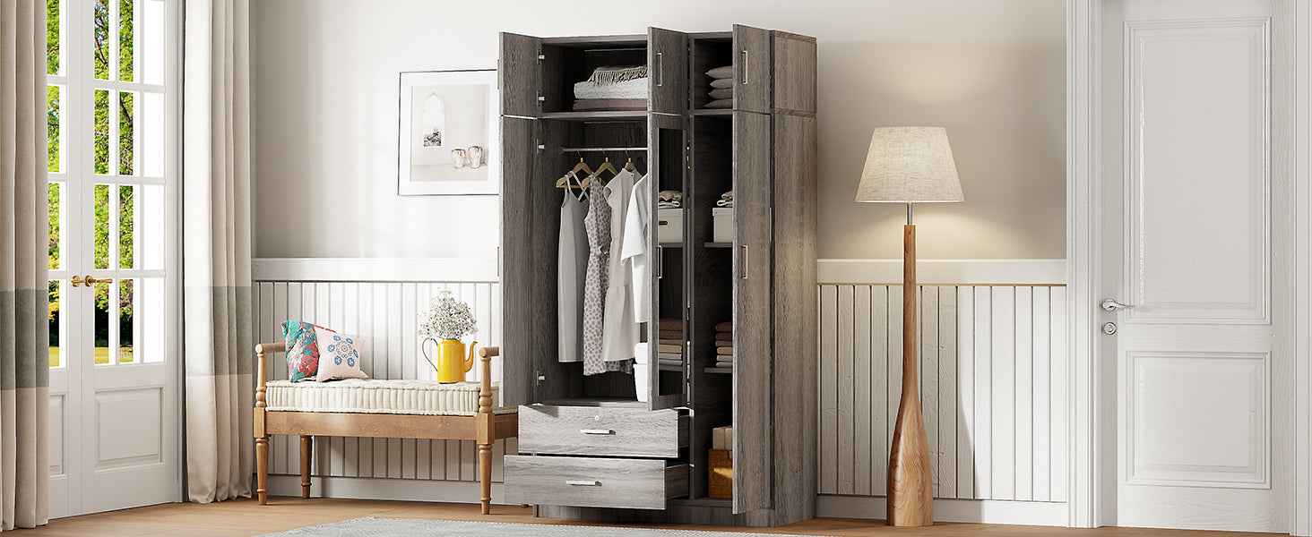 3-Door Mirror  Wardrobe with 2 Drawers and Top Cabinet,Gray