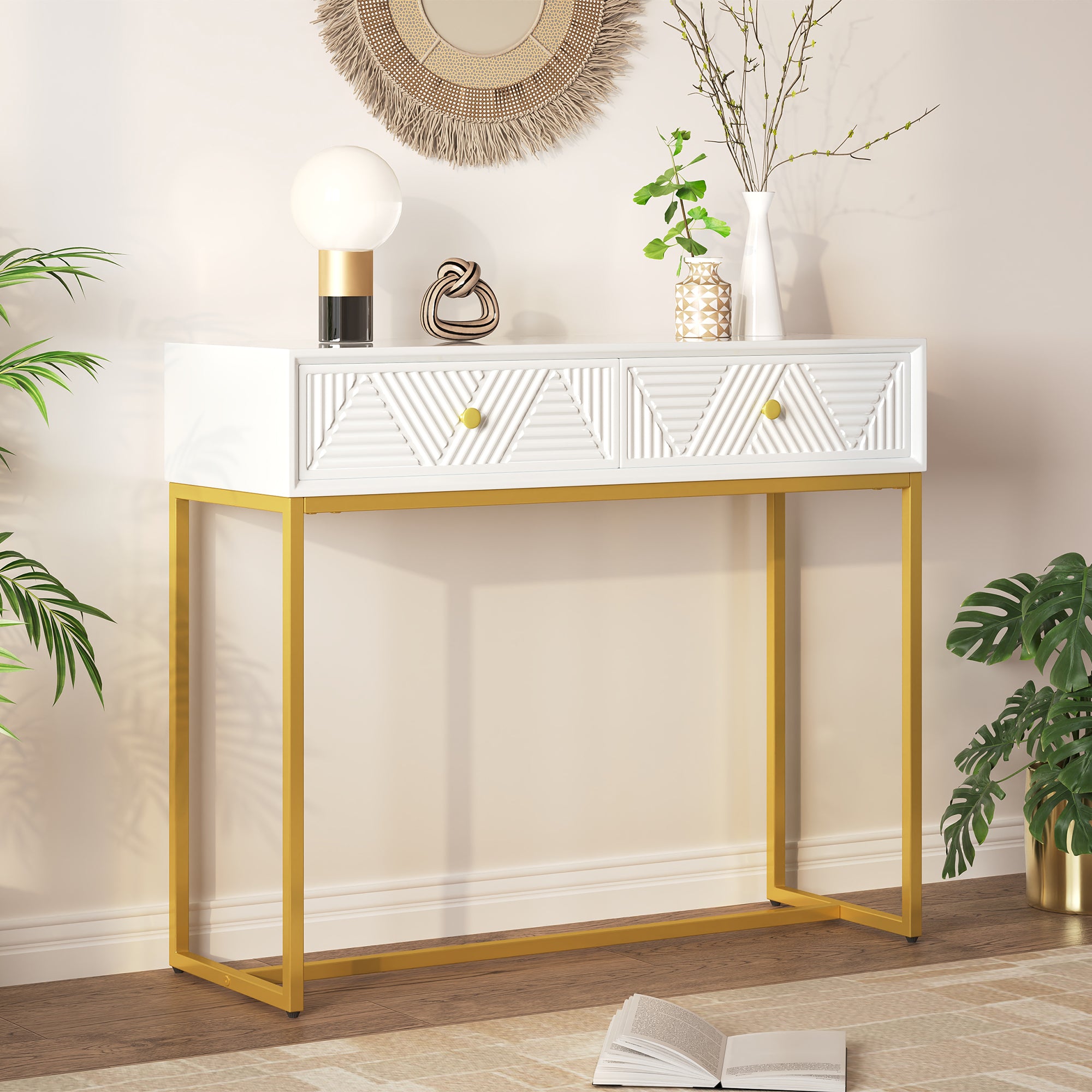 TREXM Modern Sleek Console Table Two Drawers with Stripe Design for Living Room and Entryway (White)