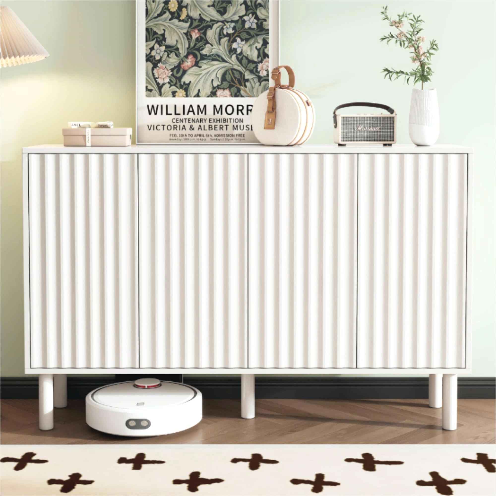 ON-TREND Minimalist Shoe Cabinet with 5 Solid Wood Legs, Cream Style Sideboard Buffet Cabinet with Fluted Doors, Large 4-Door Storage Cabinet with Adjustable Shelves for Living Room, White, 55.1*13.7'