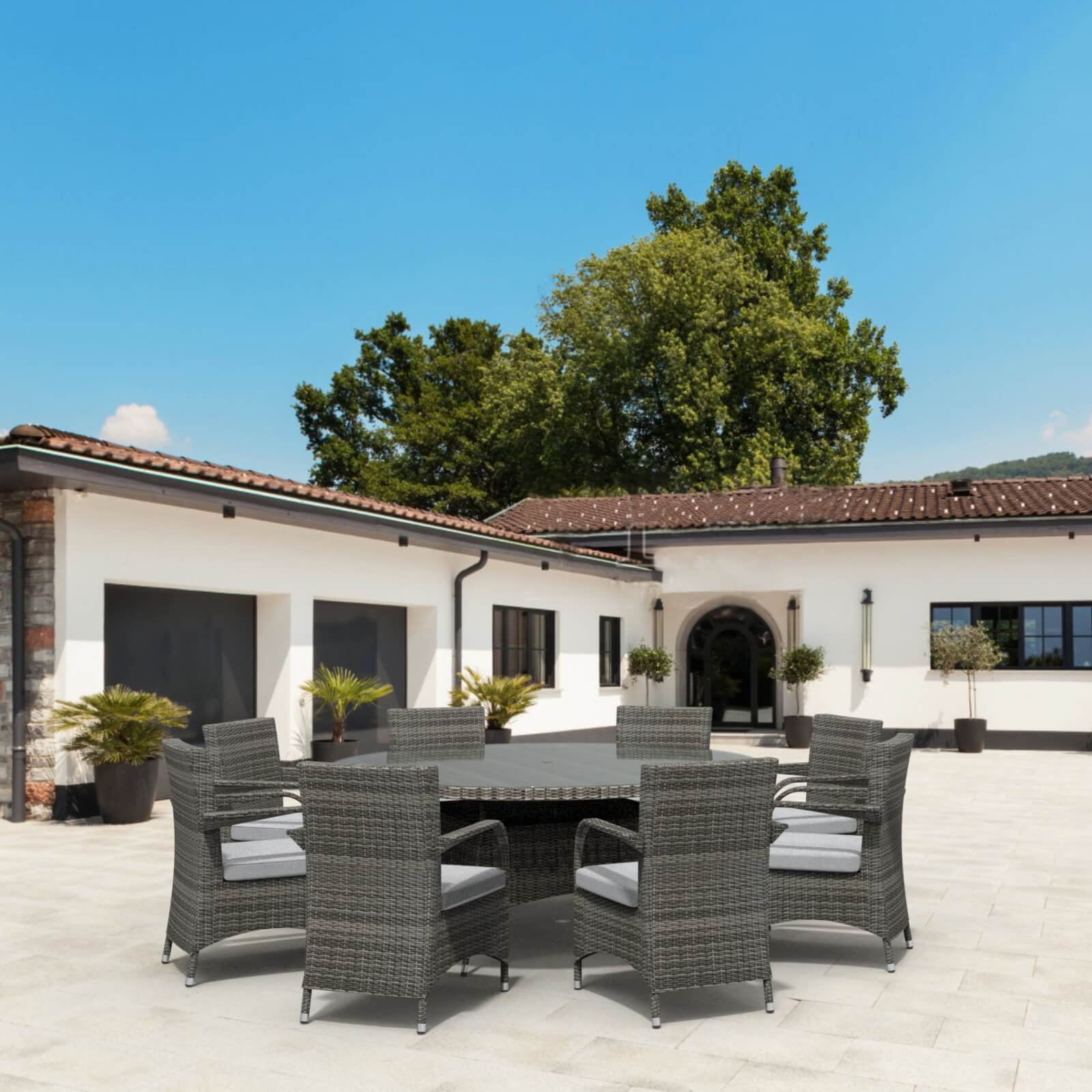 9-Piece Outdoor Wicker Dining Set with Large Round Table & Cushioned Chairs(PAD-1714+1122) - Abrihome