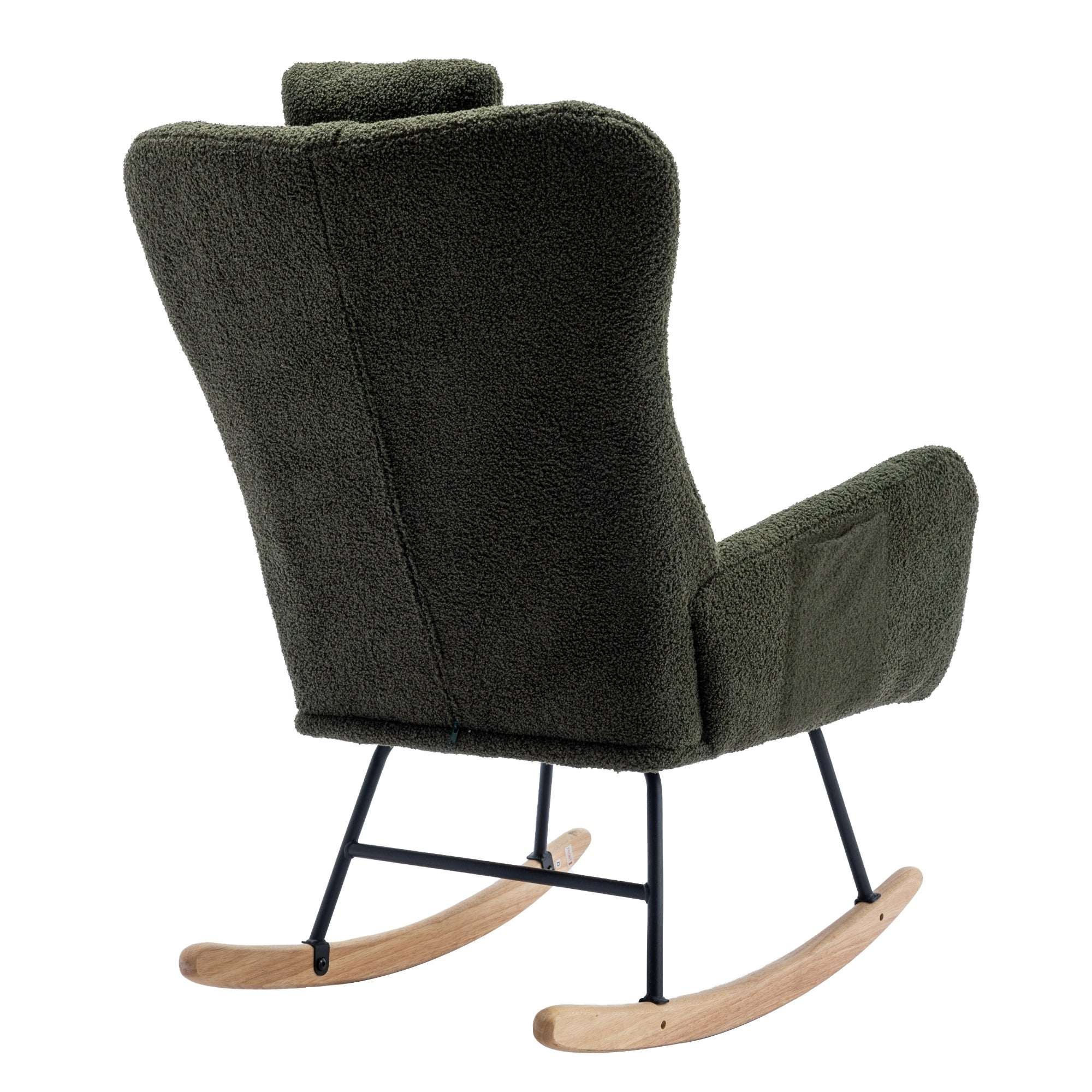 35.5 inch Rocking Chair with Pocket, Soft Teddy Fabric Rocking Chair for Nursery, Comfy Wingback Glider Rocker with Safe Solid Wood Base for Living Room Bedroom Balcony (dark green)