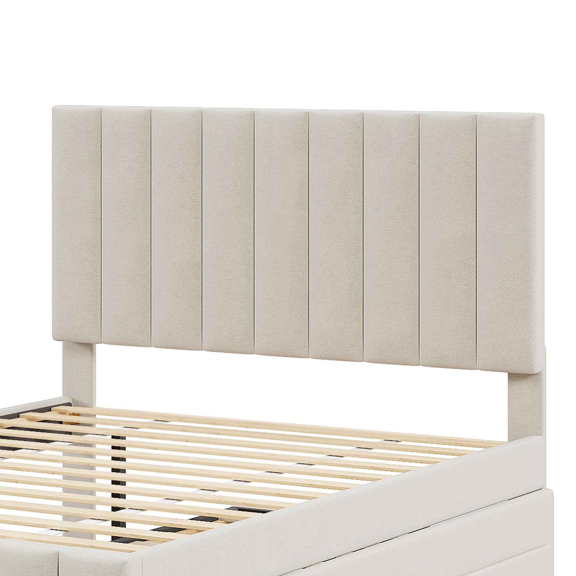 Full Size Upholstered Platform Bed with Twin Size Trundle and 3 Drawers, Linen Fabric, Beige