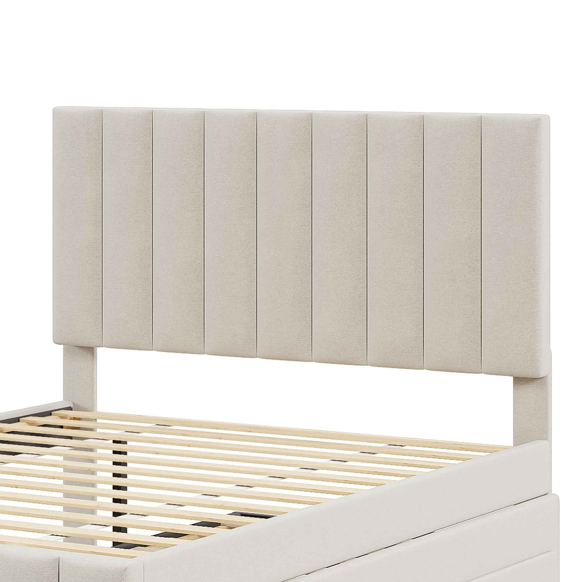 Full Size Upholstered Platform Bed with Twin Size Trundle and 3 Drawers, Linen Fabric, Beige