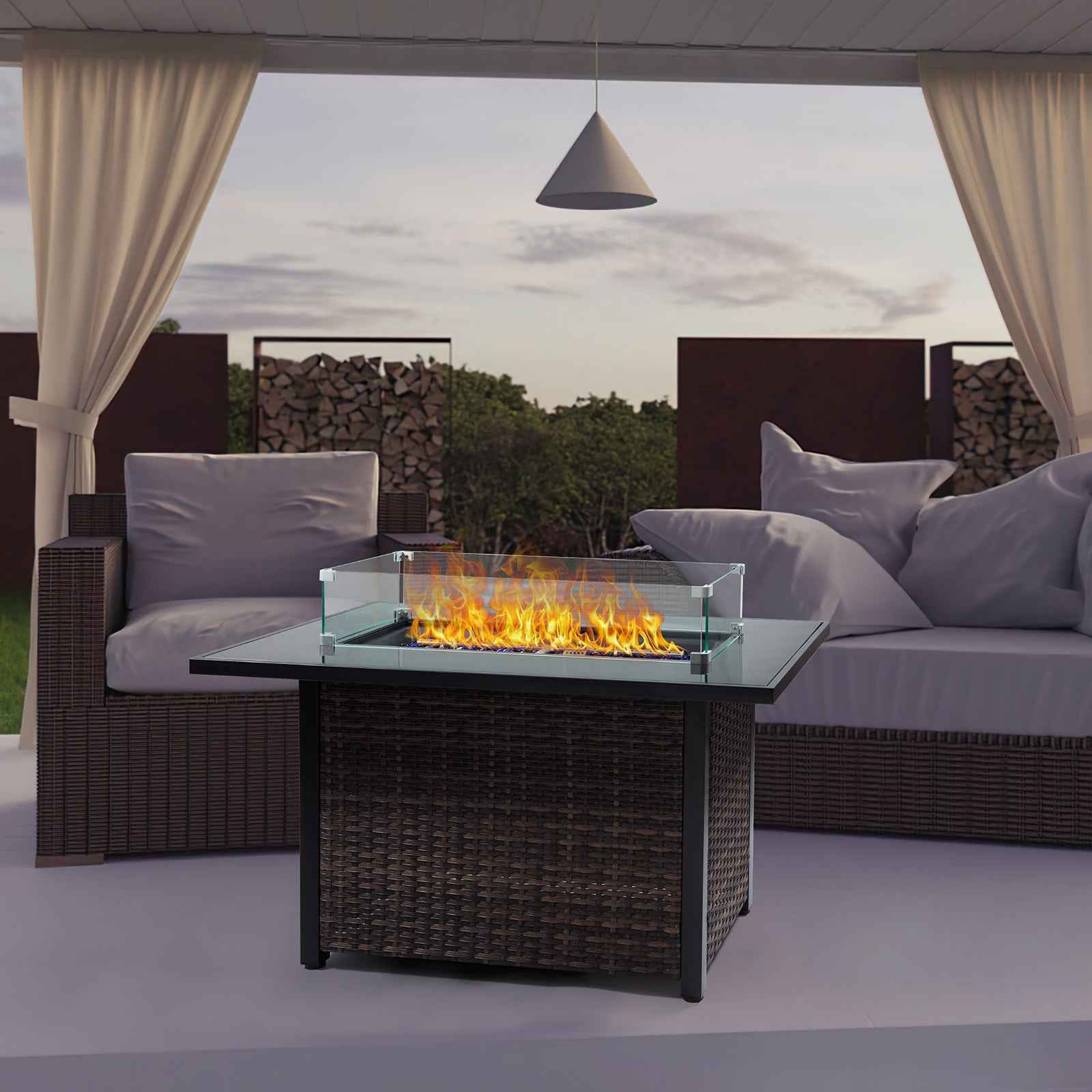 Outdoor Fire Pit 50,000 BTU Propane Gas Fire Table with Lid Fireplace with Glass Wind Guard Wicker Base for Garden, Patio, Backyard, 44'