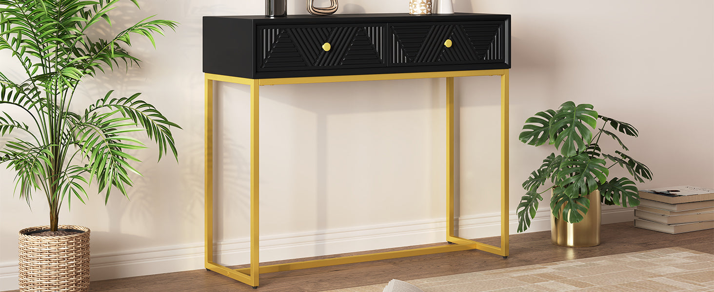 TREXM Modern Sleek Console Table Two Drawers with Stripe Design for Living Room and Entryway (Black)