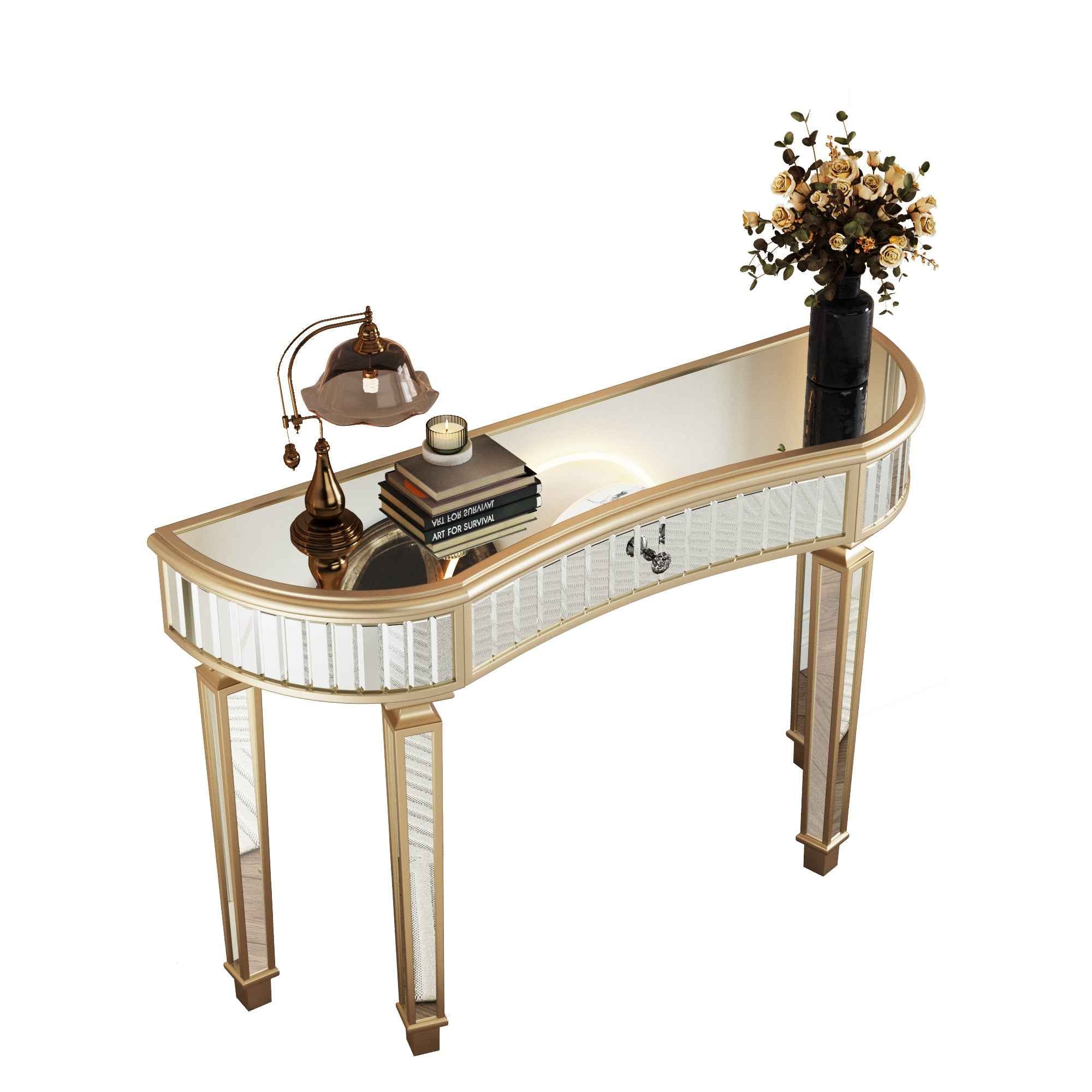 47' Half-Moon Mirrored Console Table with Fluted Glass & Crystal Knob Drawer - Silver Entryway Vanity Desk for Bedroom/Dressing Room(Gold+Sliver)