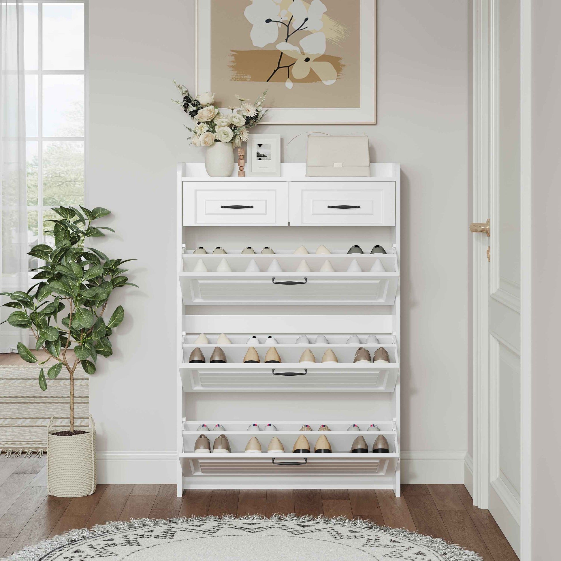 1250 White color shoe cabinet  with 3 doors 2 drawers,large space for storage
