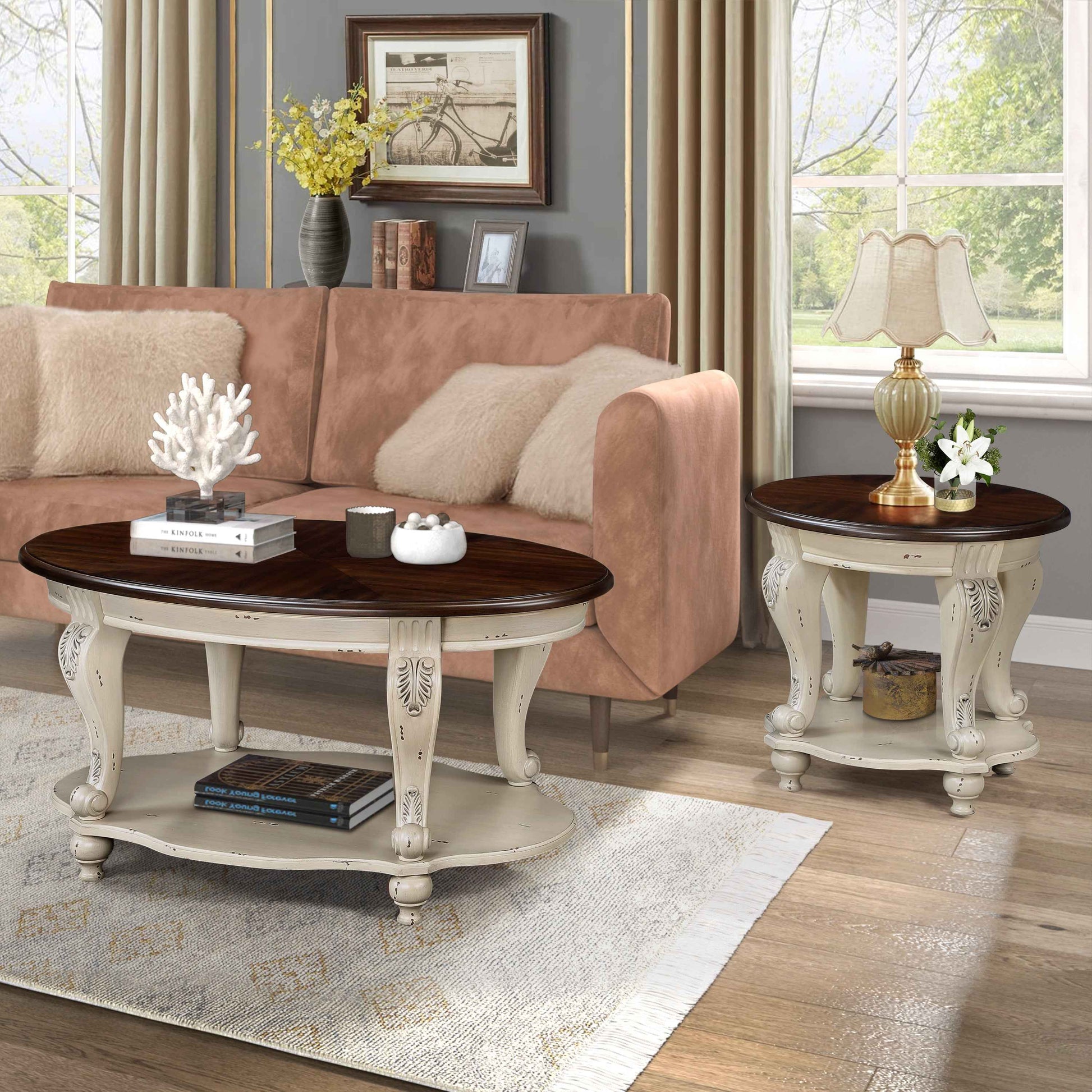 22'' Two Tone Round End Table,Solid Wood Sofa Side Table with Shelf,Living Room Corner Table Easy Assemble,Beige and Espresso Top