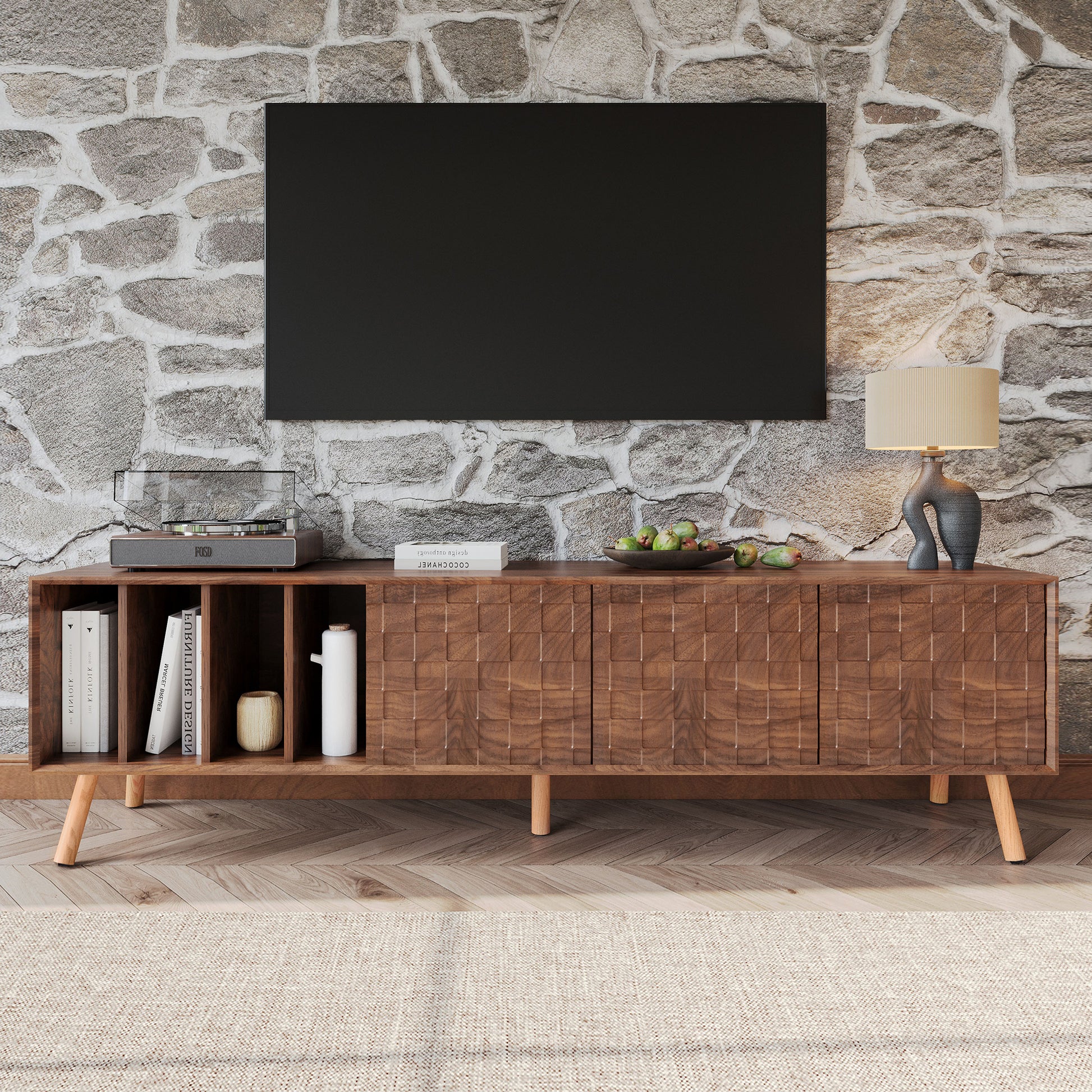 70' Mid-Century Modern TV Stand, Media Console Table for TVs up to 80'', Entertainment Center with 5 Solid Wood Legs for Living Room, Bedroom - Abrihome