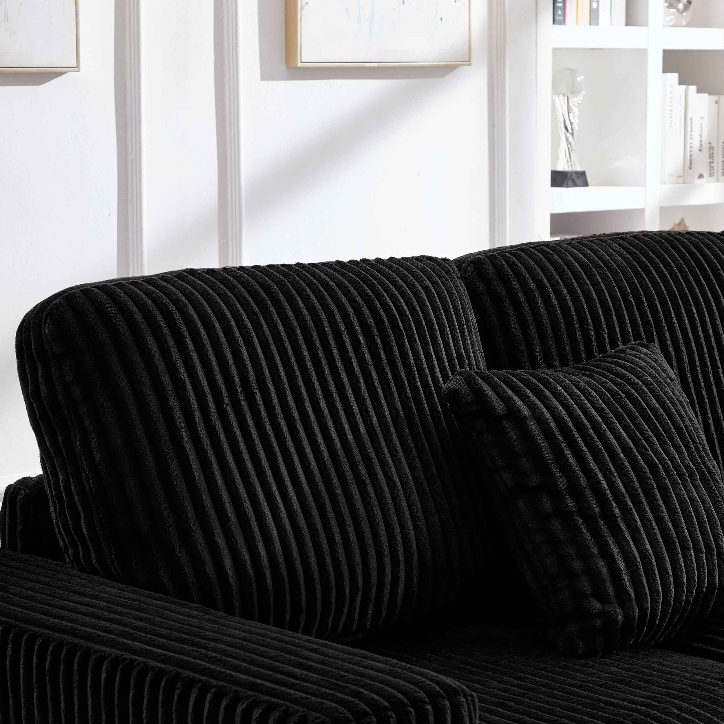 93' Sectional Sofa, L Shaped Sofa Couch with Reversible Chaise Lounge, Upholstered Soft Corduroy Couch for Living Room, Apartment (Black)