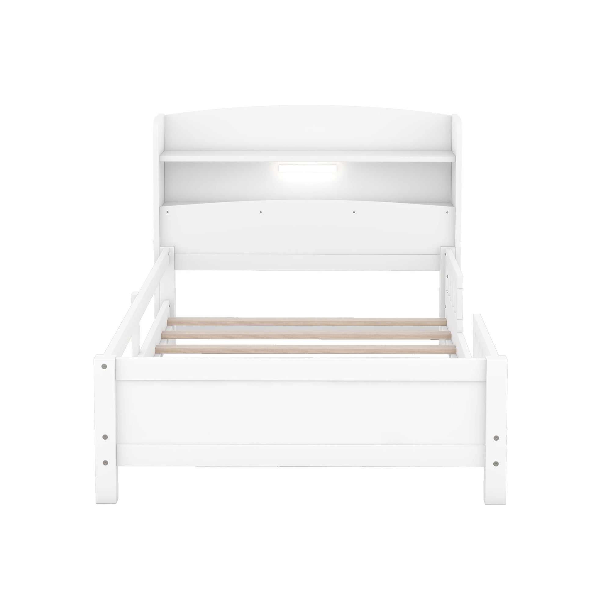 Wood Twin Size Platform Bed with Built-in LED Light, Storage Headboard and Guardrail, White - Abrihome