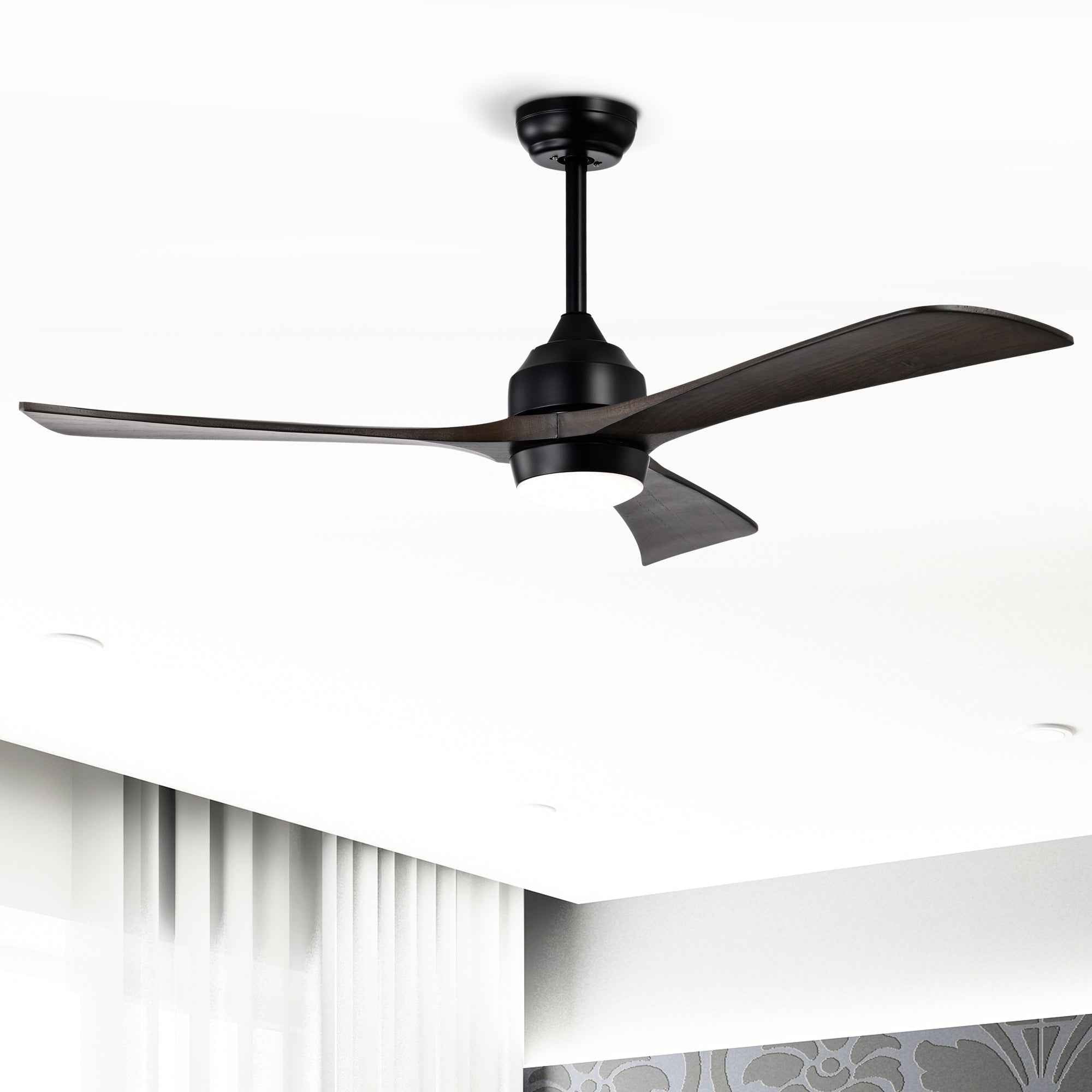 52' Ceiling Fan with Lights Remote Control,Quiet DC Motor 3 Blade Ceiling Fans 6 Speed Levels,Reversible Ceiling Fan, for Patio Living Room, Bedroom, Office,Indoor.(Matte Black +Black Walnut )