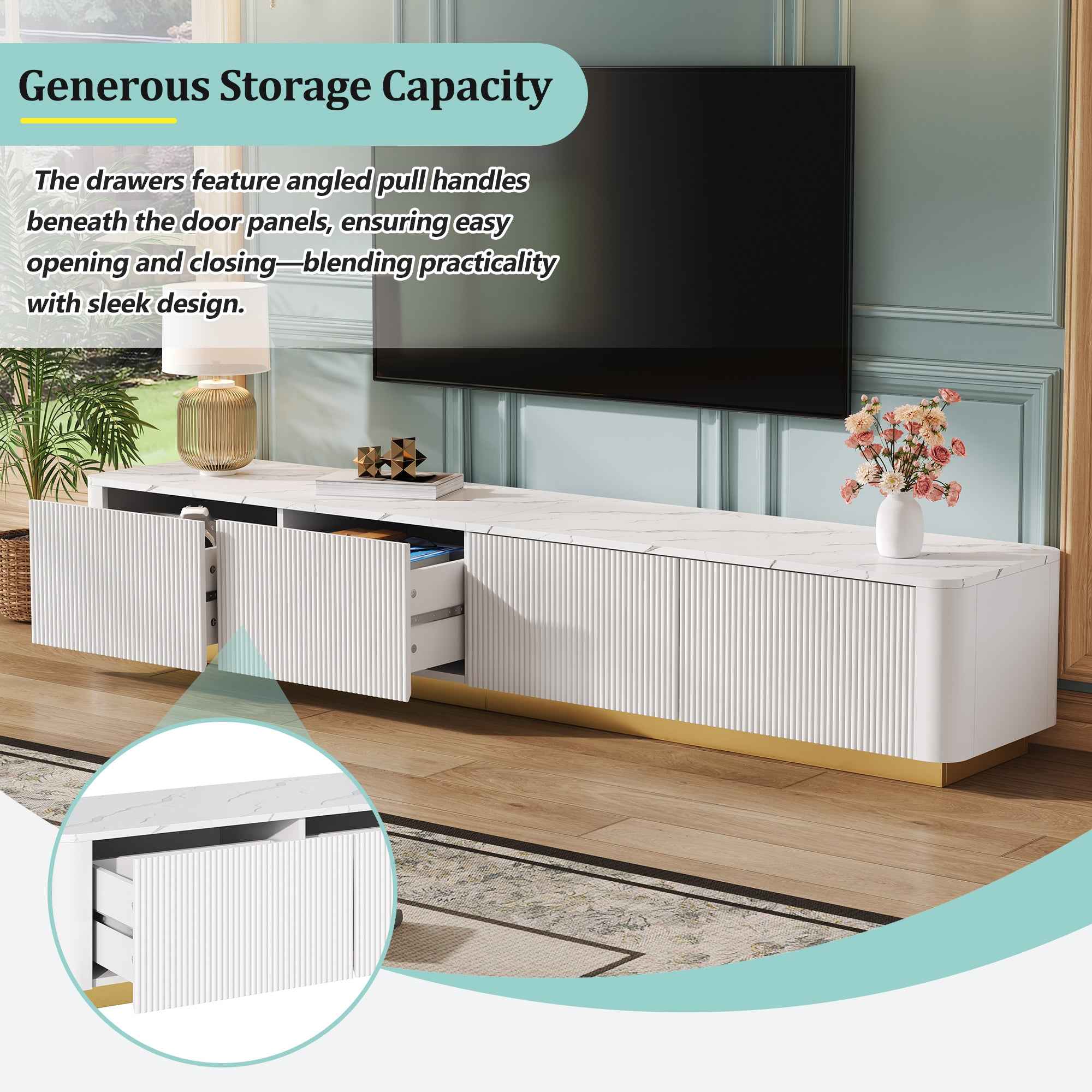 ON-TREND Luxury Fluted TV Stand for TVs Up to 85', Faux Marble Tabletop Media Console with 4 Drawers, Curved Profile Design, Modern Entertainment Center with Gold Base for Living Room, White